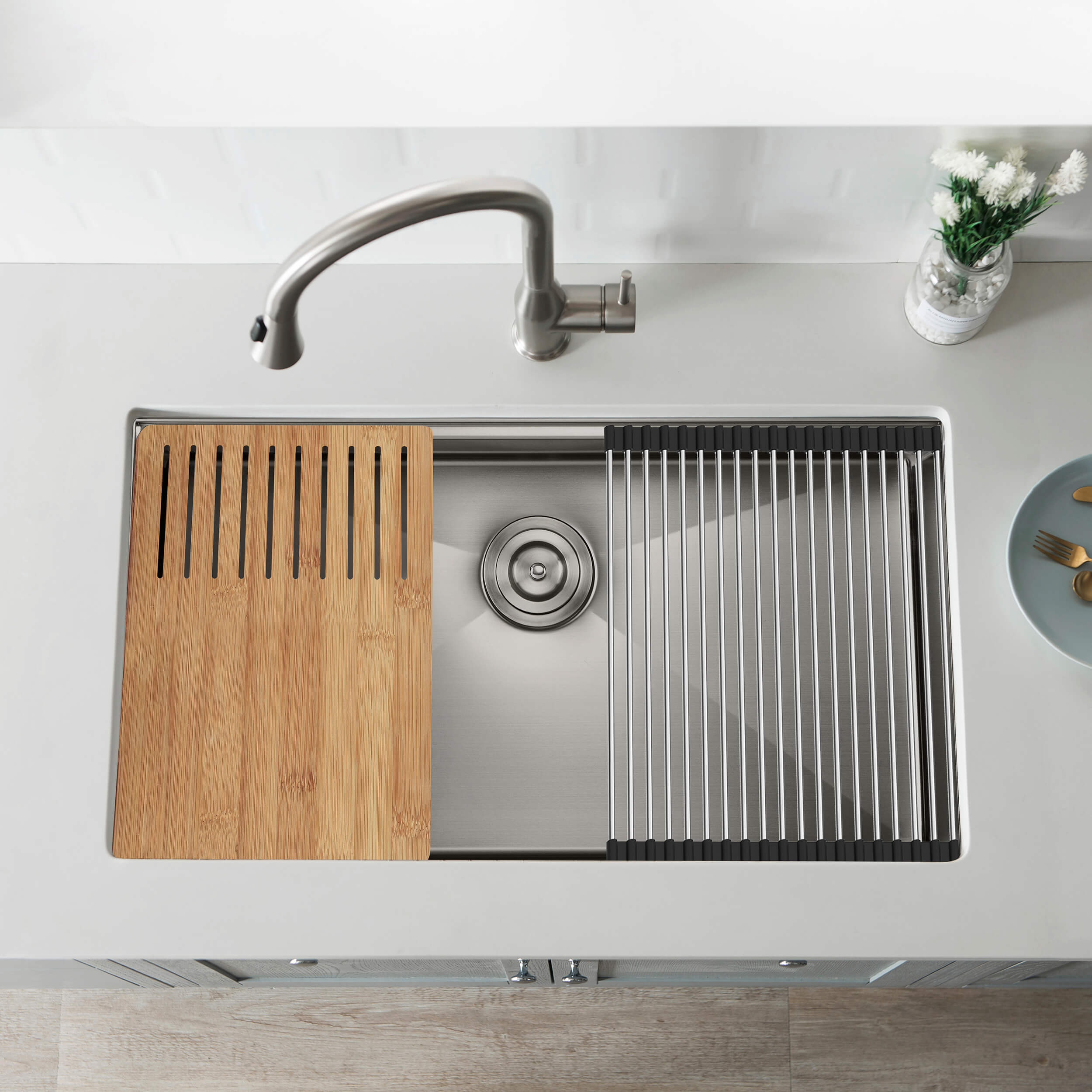 33" Handcrafted 316 Marine Grade Stainless Steel Single Bowl Workstation Undermount Kitchen Sink - C3-33ST - Shop at Home Craft Studio - 3