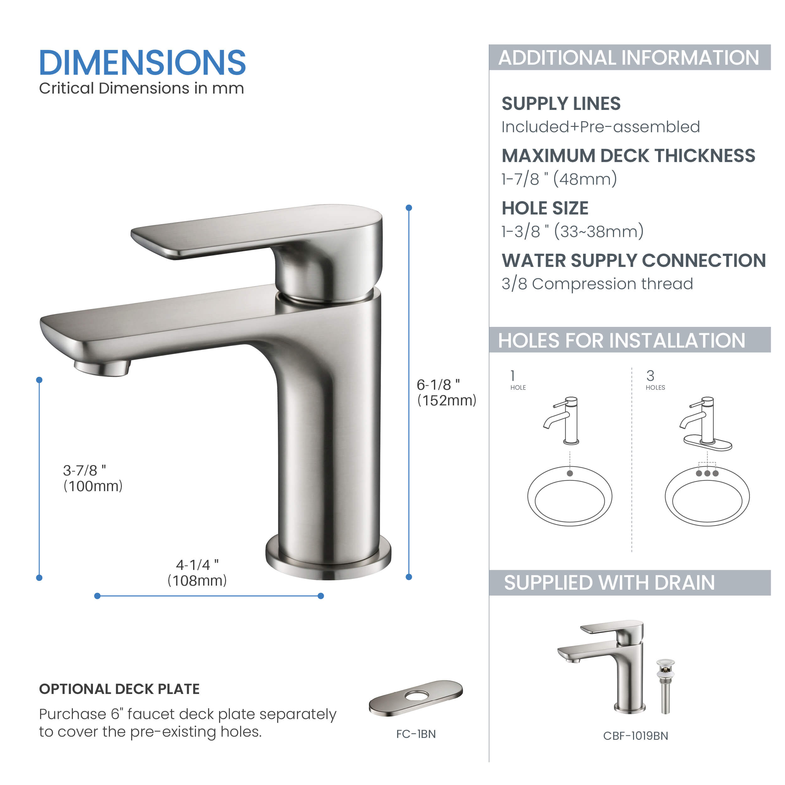 Austin Single Handle Bathroom Vanity Sink Faucet with Pop Up Drain - CBF-1019 - Shop at Home Craft Studio - 12