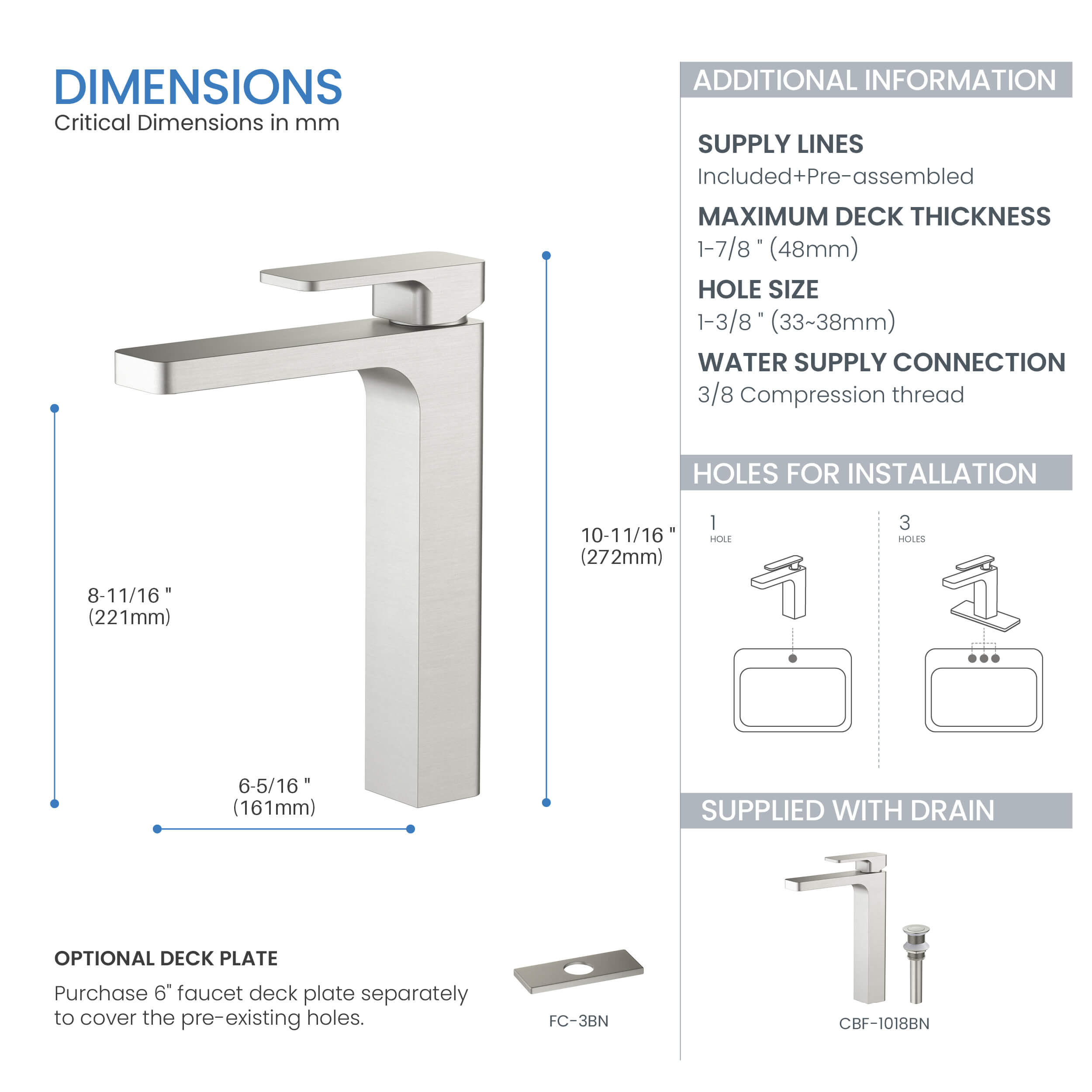 Fusion Single Handle Bathroom Vessel Sink Faucet with Pop Up Drain - CBF-1018 - Shop at Home Craft Studio - 10