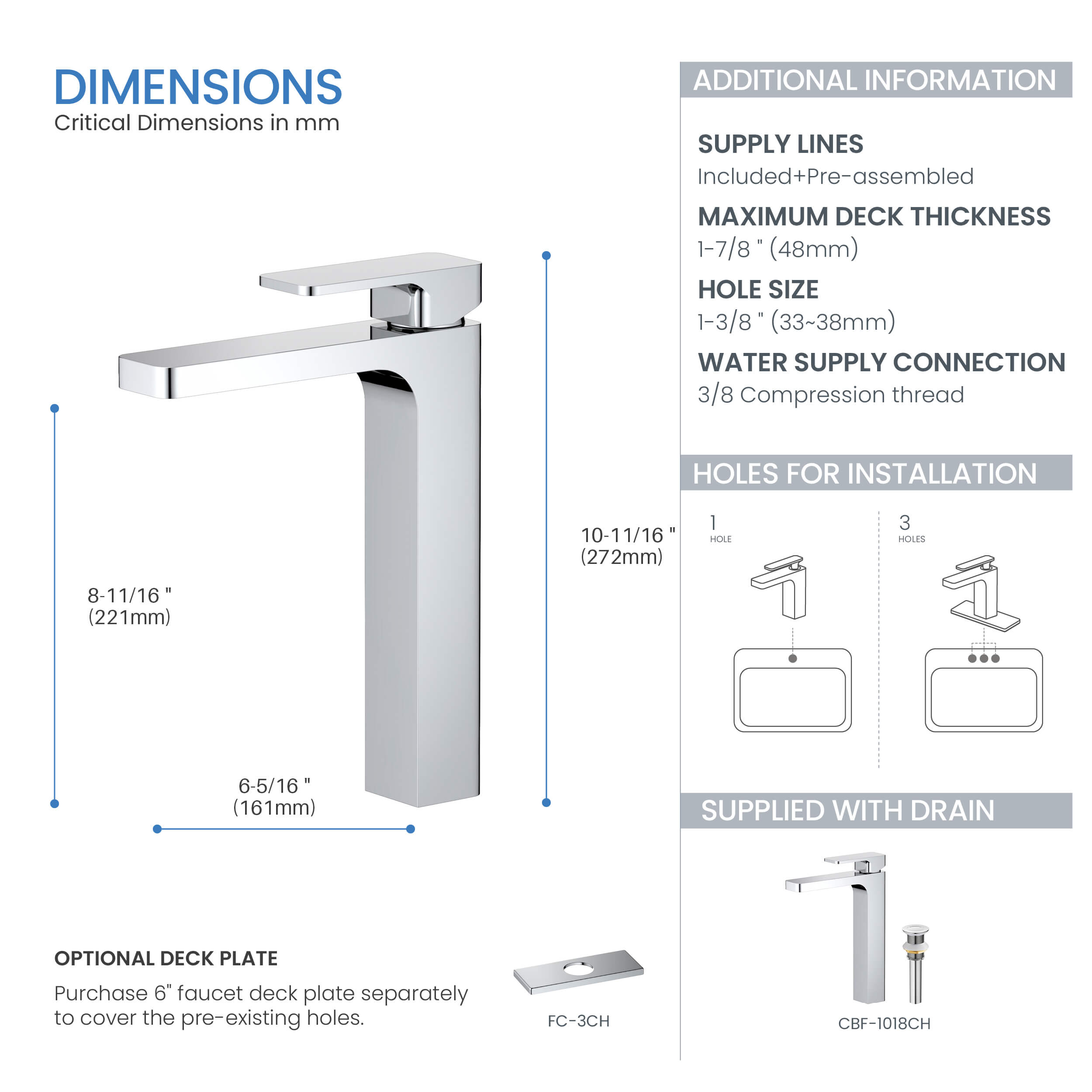 Fusion Single Handle Bathroom Vessel Sink Faucet with Pop Up Drain - CBF-1018 - Shop at Home Craft Studio - 15
