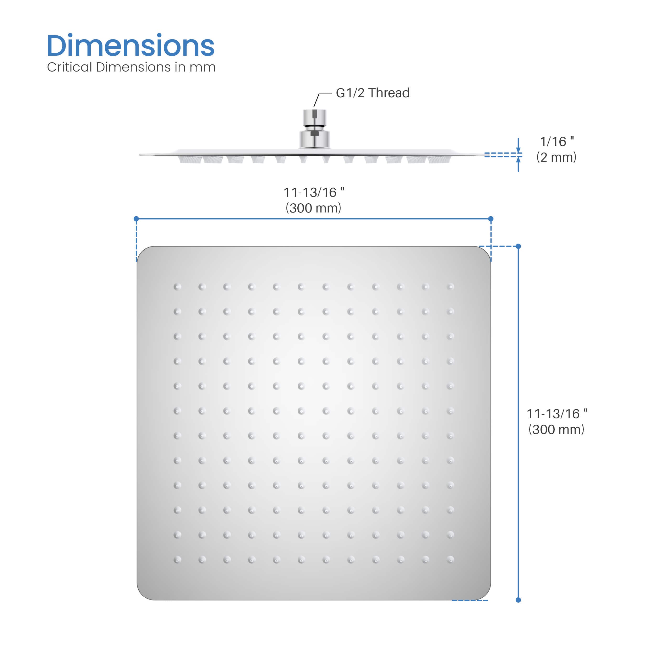 Quadra 12" Metal Rain Shower Head 2mm Ultra Thin Profile - RS103 - Shop at Home Craft Studio - 24