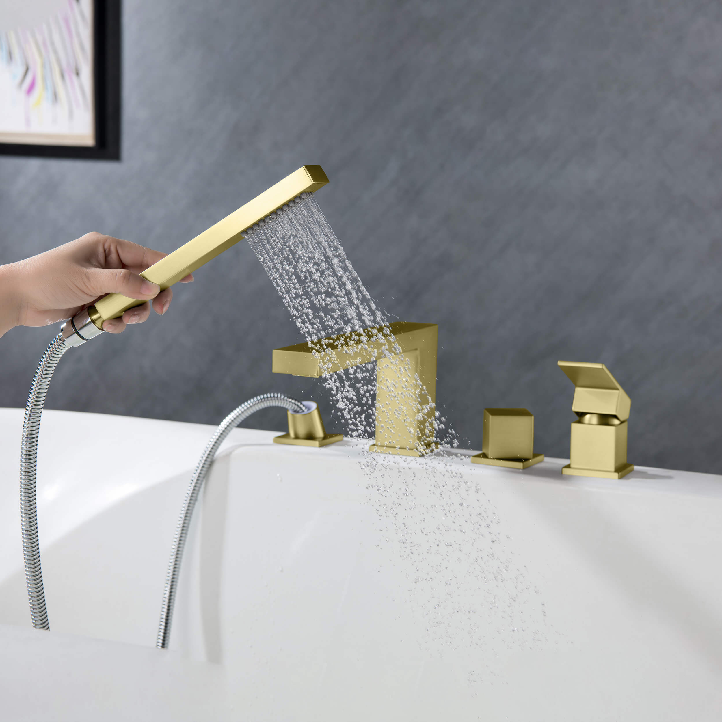 Quadra Deck Mounted Roman Bathtub Faucet with Hand Shower - CTF-3102 - Shop at Home Craft Studio - 7