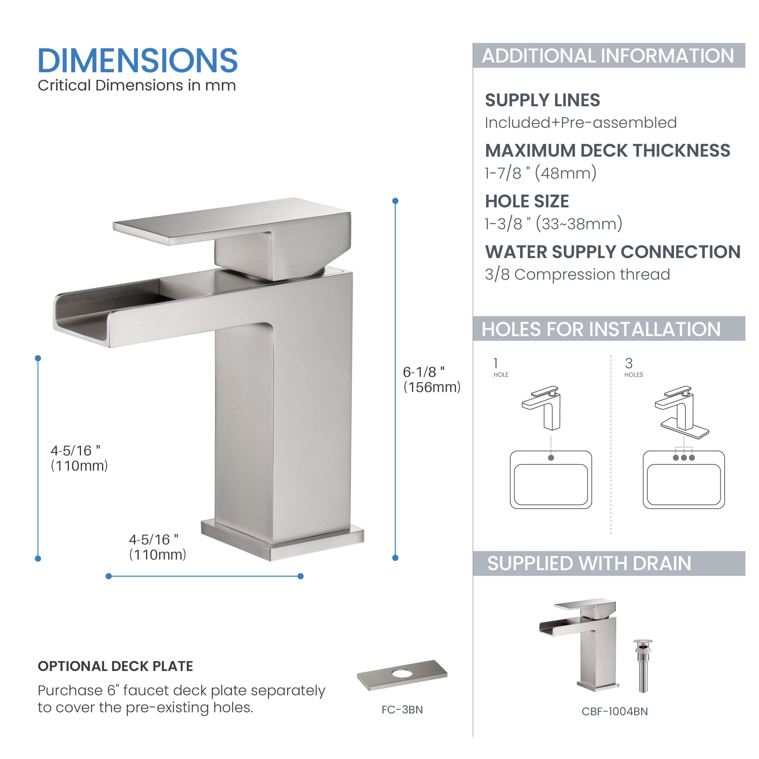 Quadra Waterfall Single Handle Bathroom Vanity Sink Faucet with Pop Up Drain - CBF-1004 - Shop at Home Craft Studio - 10