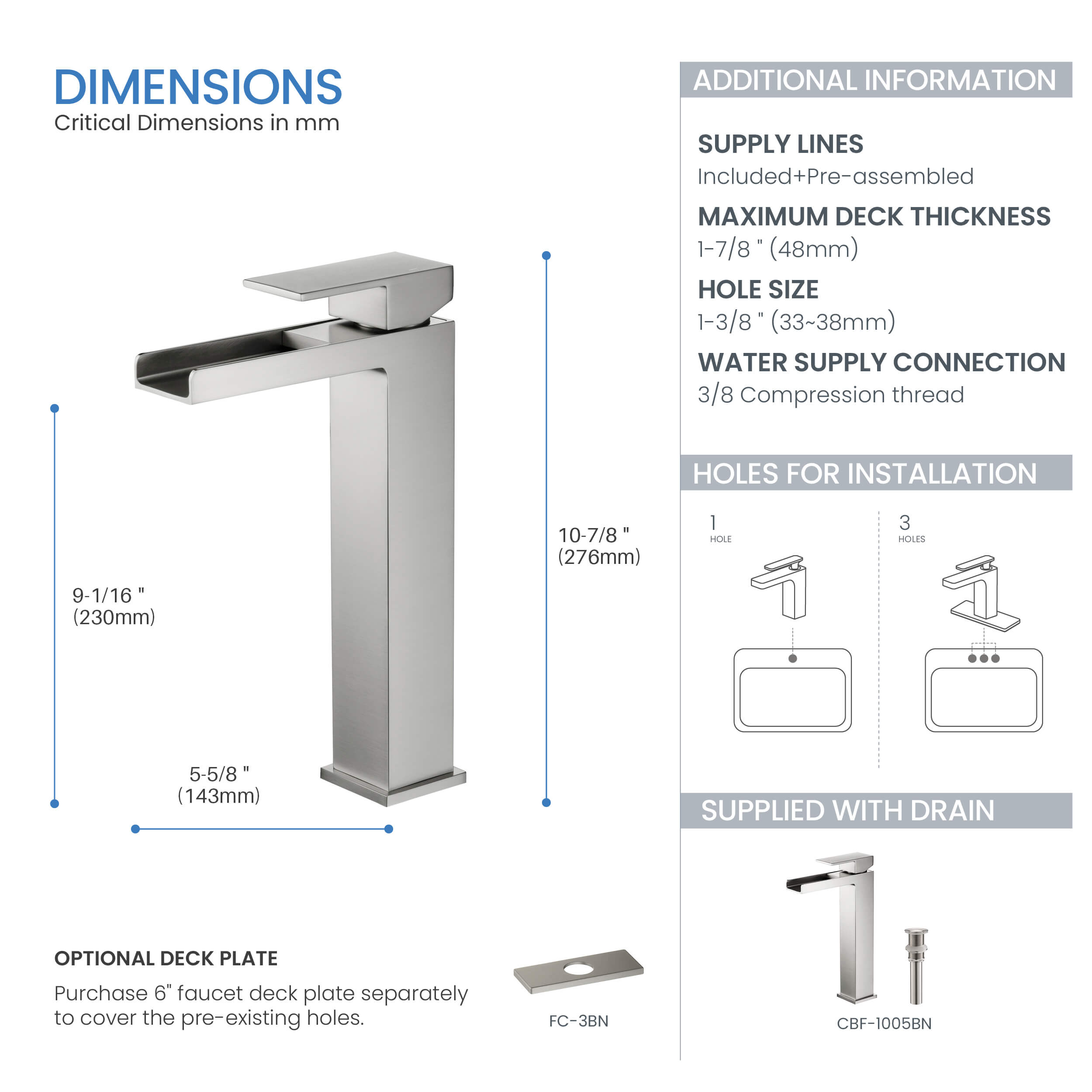 Quadra Waterfall Single Handle Bathroom Vessel Sink Faucet with Pop Up Drain - CBF-1005 - Shop at Home Craft Studio - 10