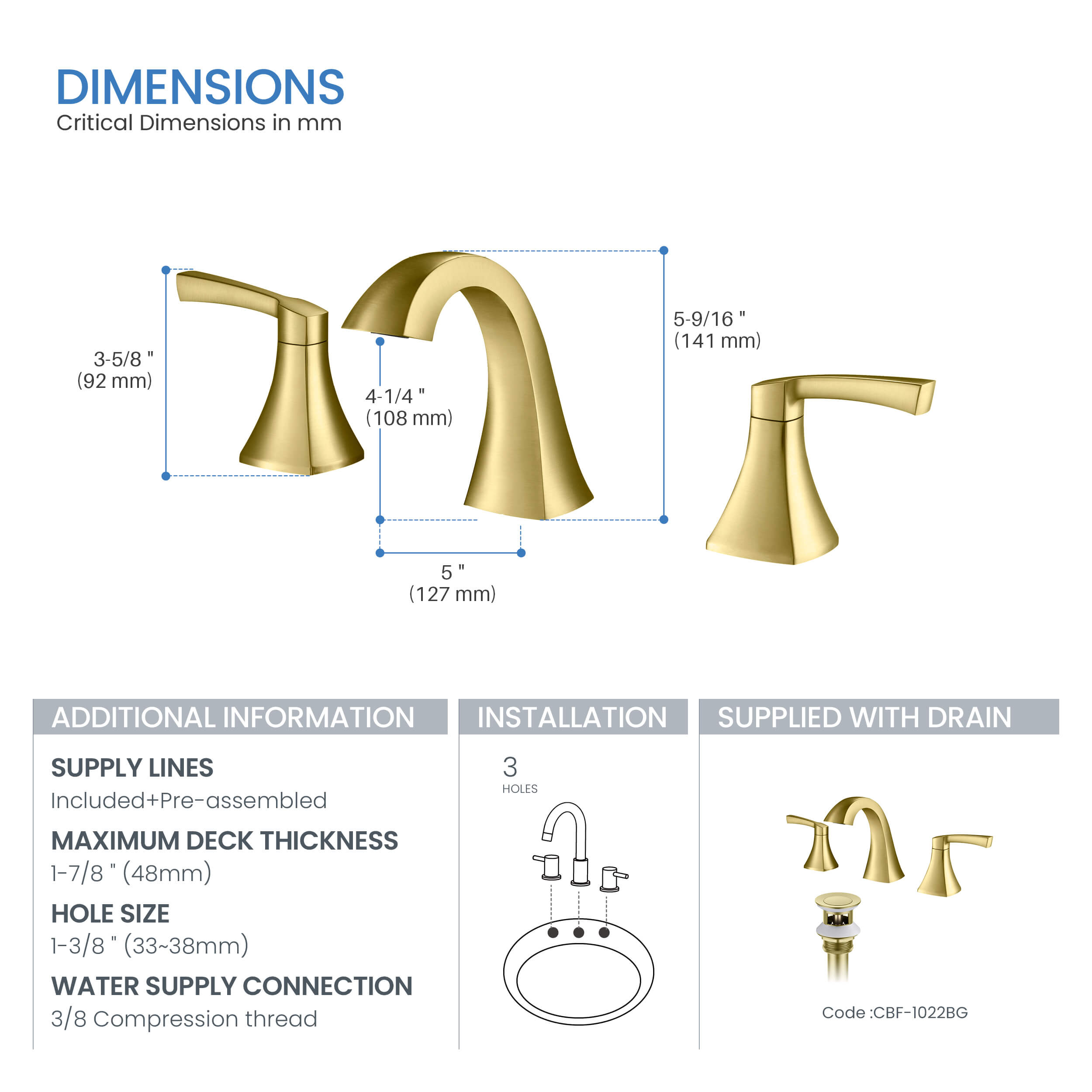 Vermont 8" Widespread Bathroom Sink Faucet with Drain Assembly - CBF-1022 - Shop at Home Craft Studio - 5