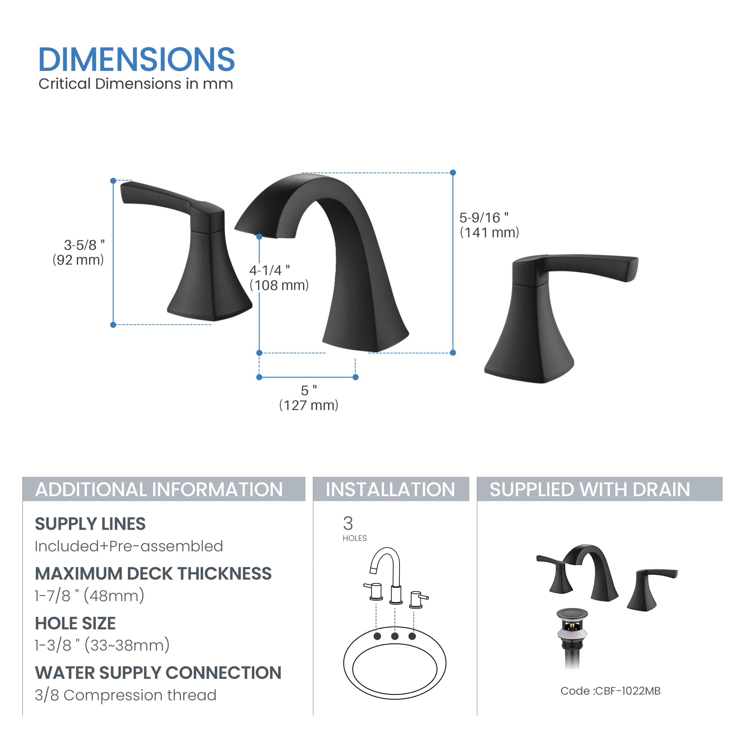 Vermont 8" Widespread Bathroom Sink Faucet with Drain Assembly - CBF-1022 - Shop at Home Craft Studio - 21