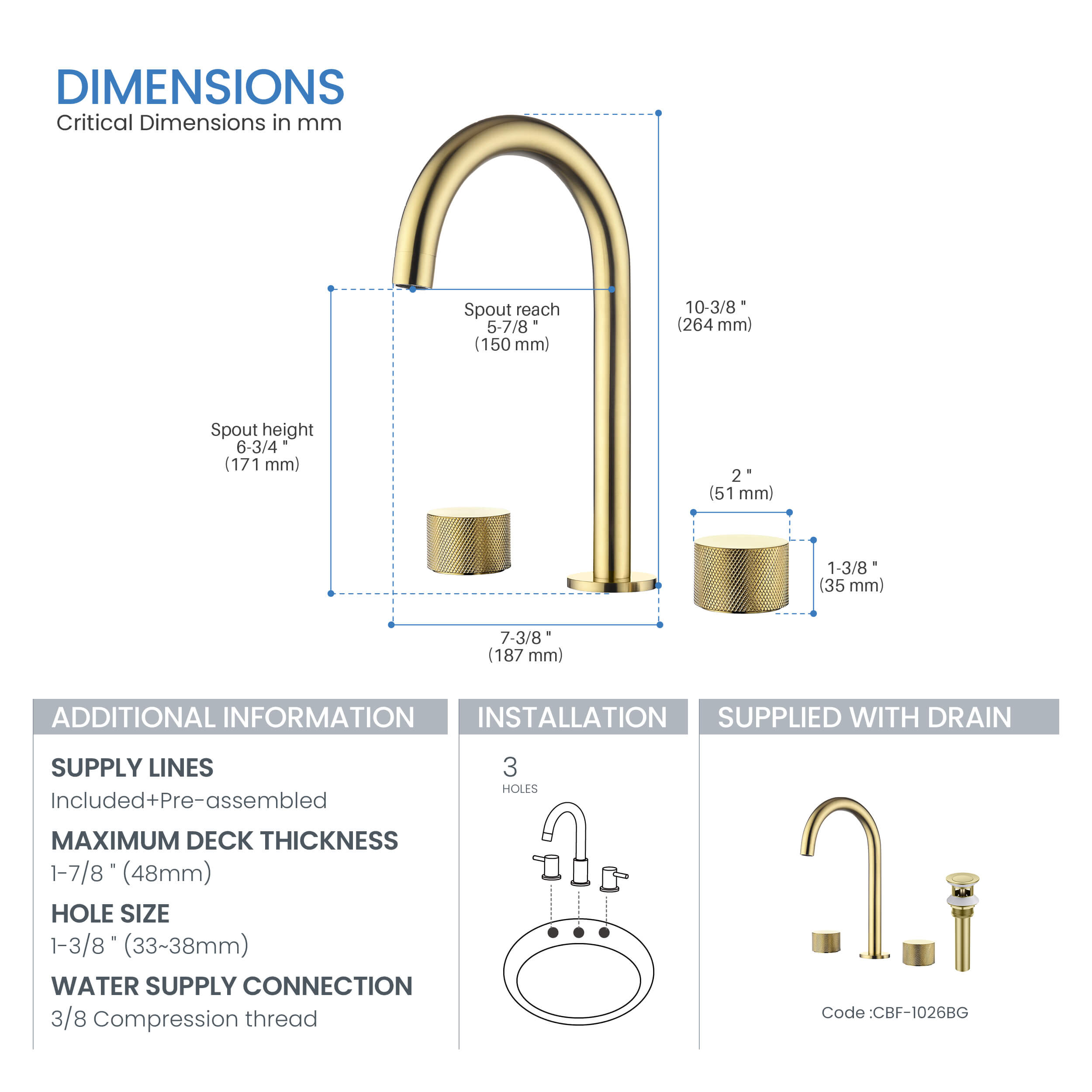 Verona 8" Widespread Bathroom Sink Faucet with Drain Assembly - CBF-1026 - Shop at Home Craft Studio - 7