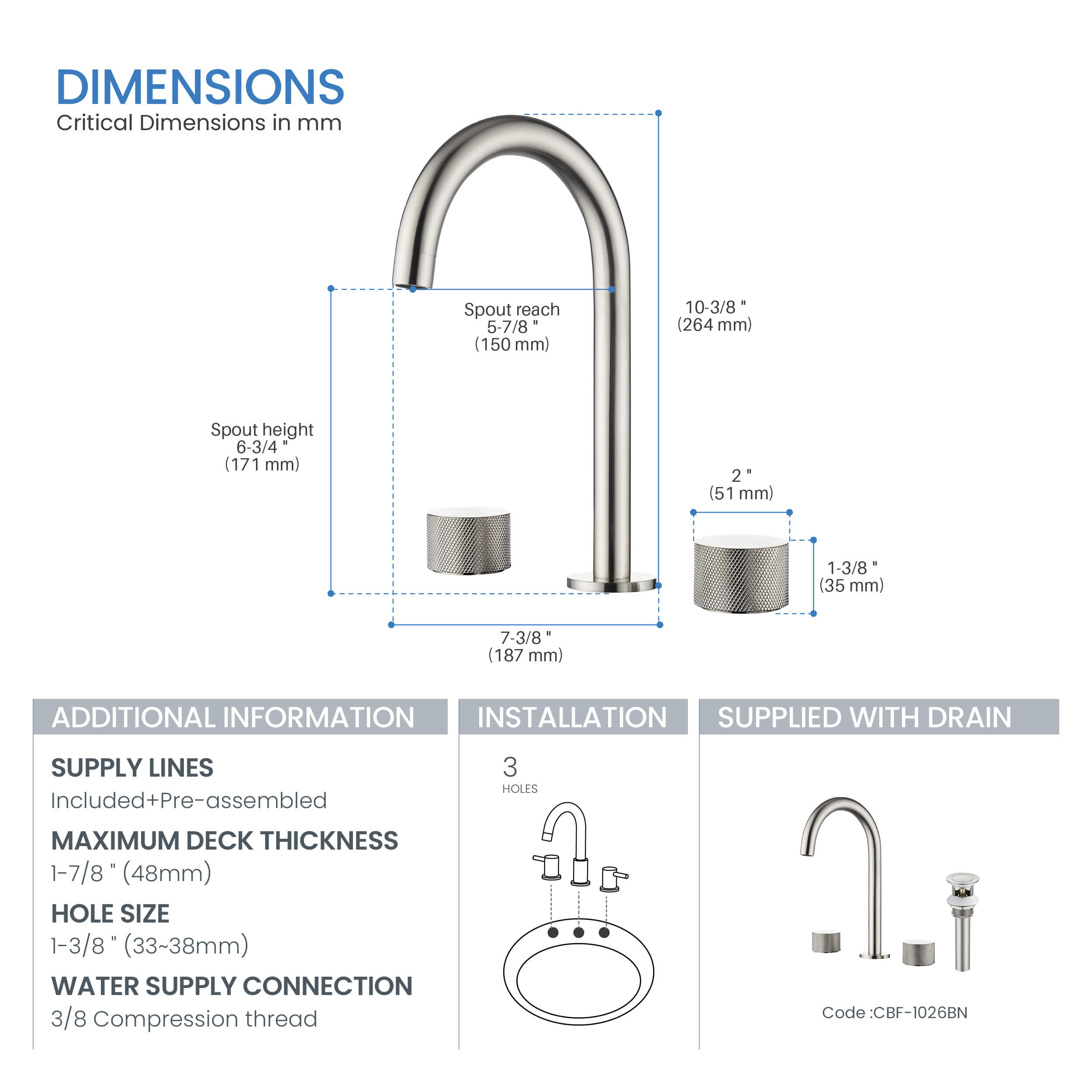 Verona 8" Widespread Bathroom Sink Faucet with Drain Assembly - CBF-1026 - Shop at Home Craft Studio - 14