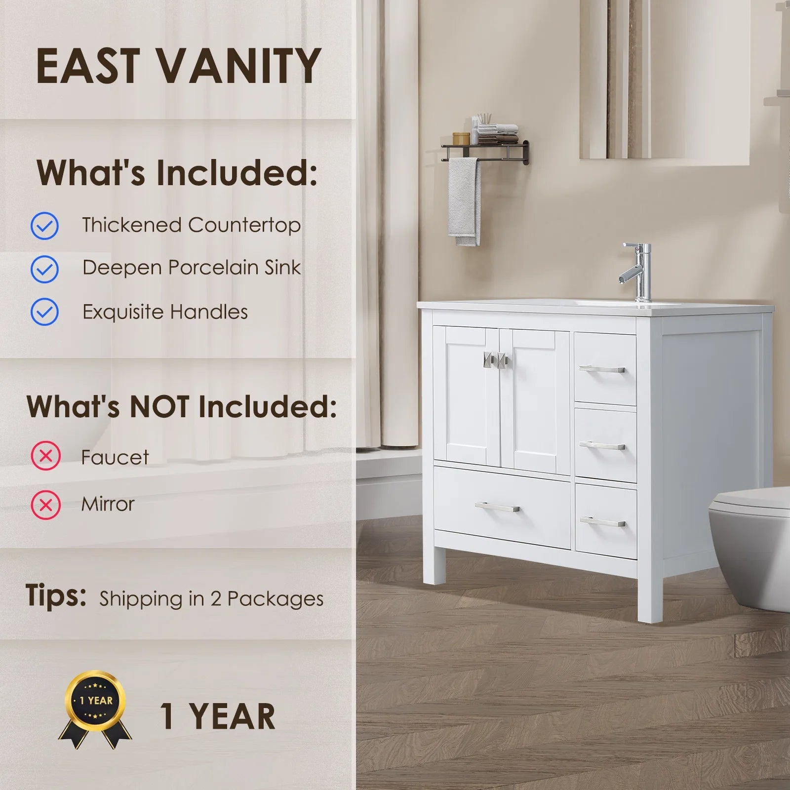 36" V9008 Vanity & Quartz Countertop Combo (Matte White)