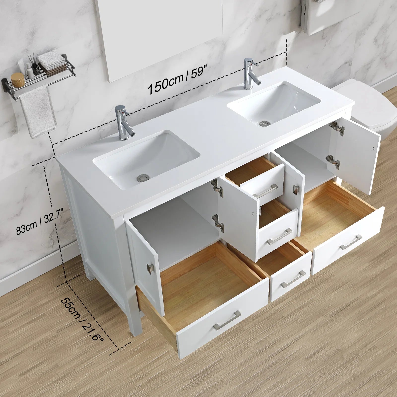 60" V9008 Vanity & Quartz Countertop Double Basins (Matte White)