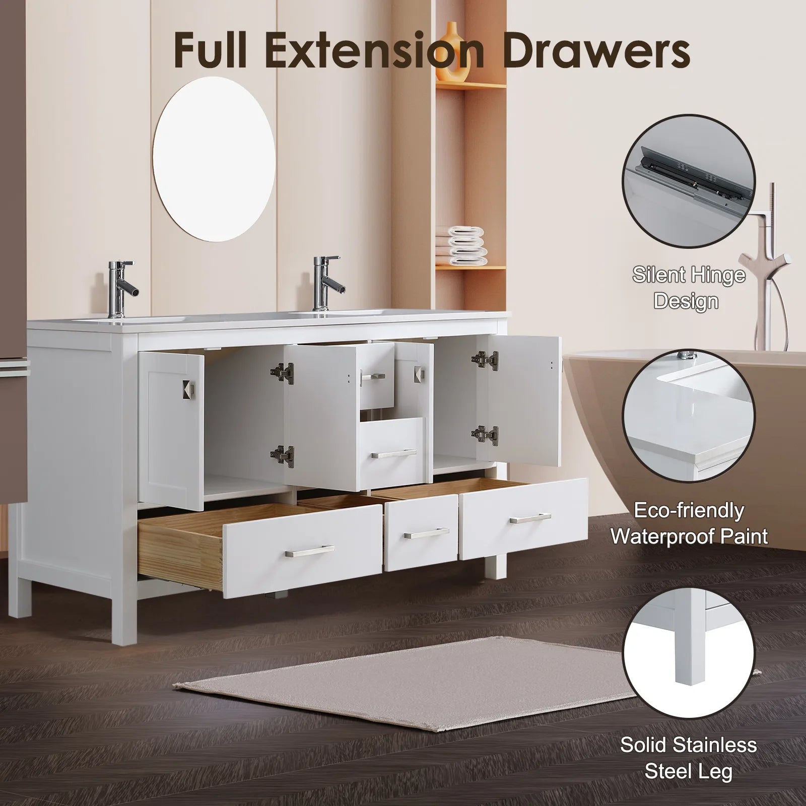 60" V9008 Vanity & Quartz Countertop Double Basins (Matte White)