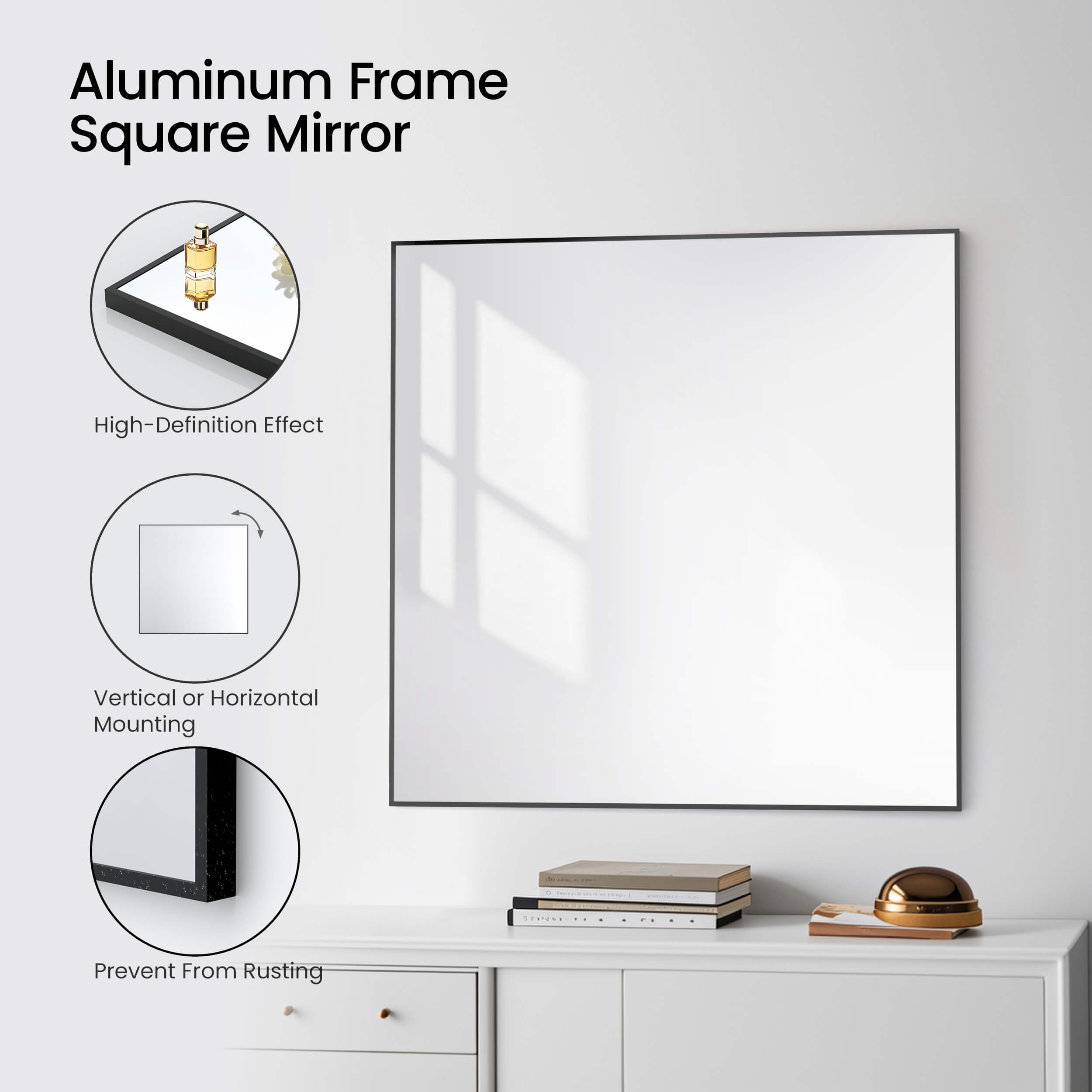 36" x 36" Shatterproof Wall Mount Metal Frame Mirror - FM1-3636