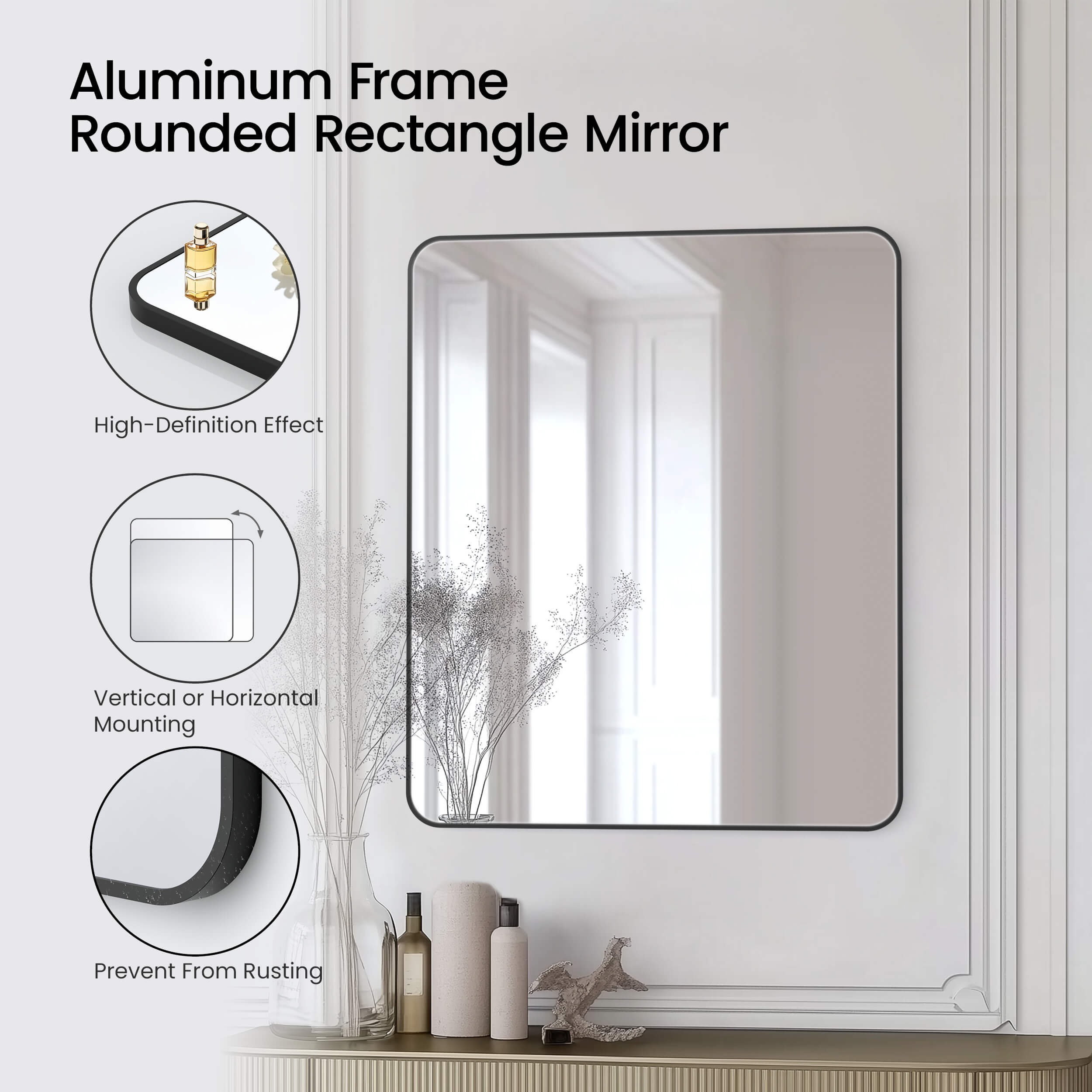 30" x 36" Shatterproof Wall Mount Metal Frame Mirror - FM2-3036