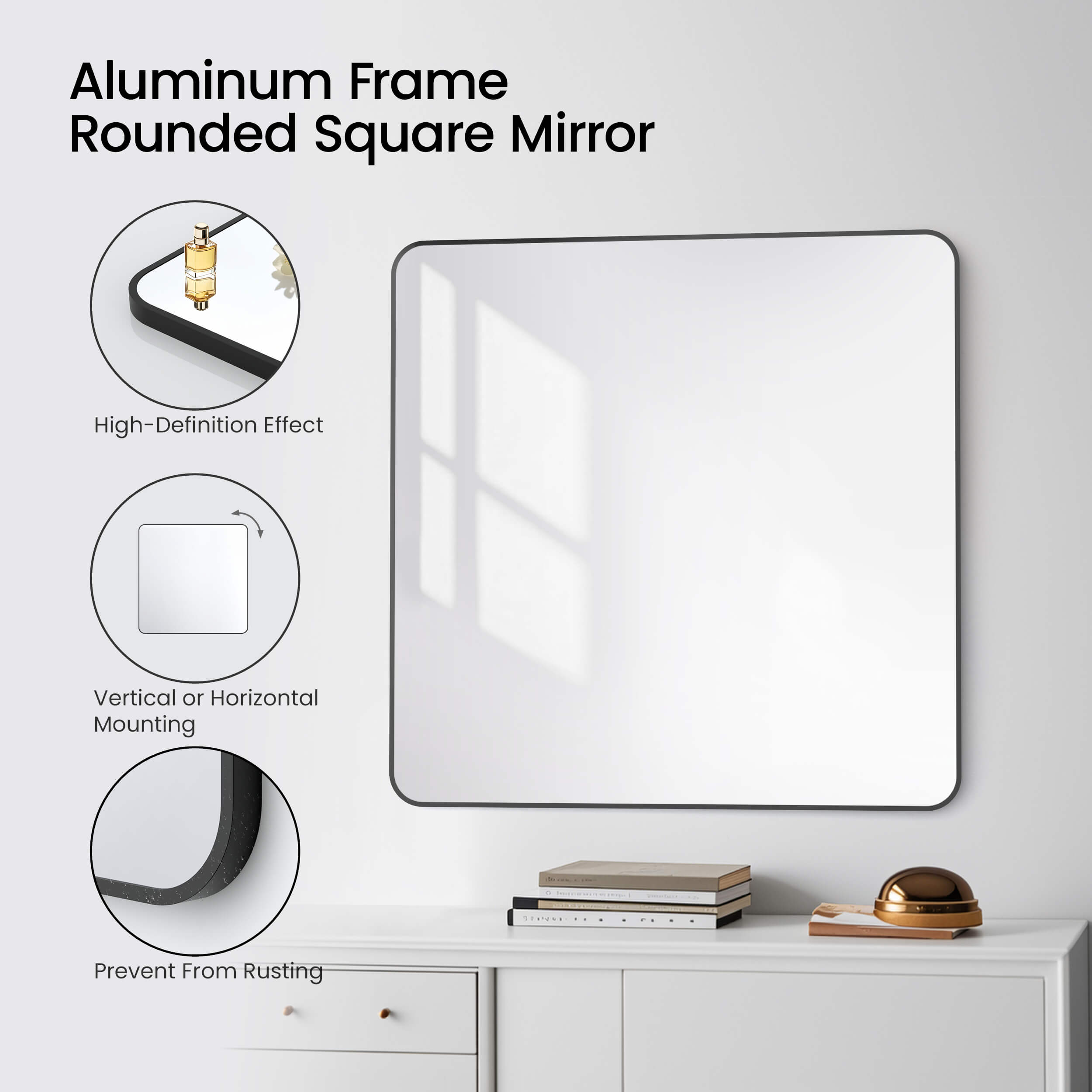 36" x 36" Shatterproof Wall Mount Metal Frame Mirror - FM2-3636