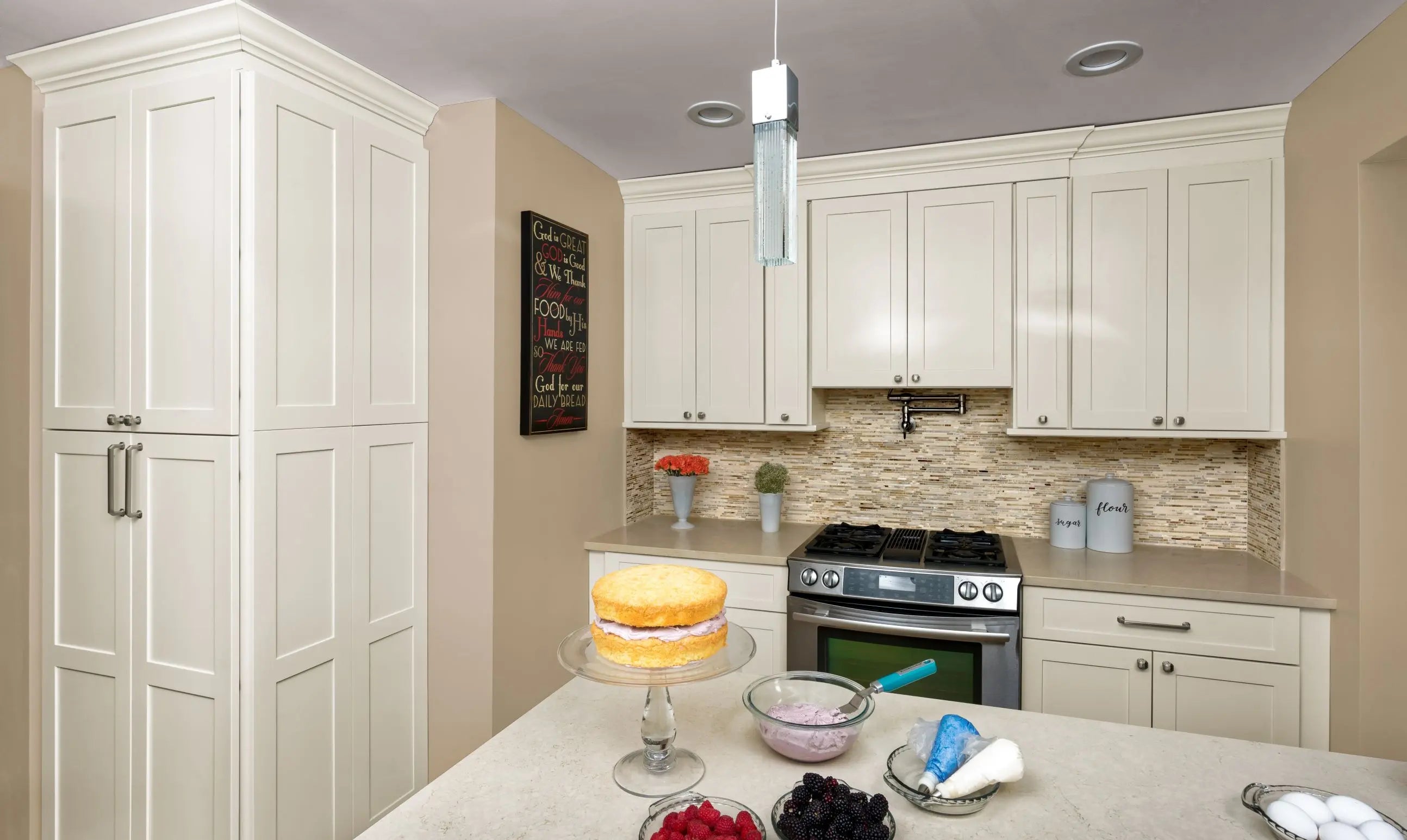 Elegant kitchen featuring Allure Galaxy Linen cabinets with polished finishes and a serene ambiance.