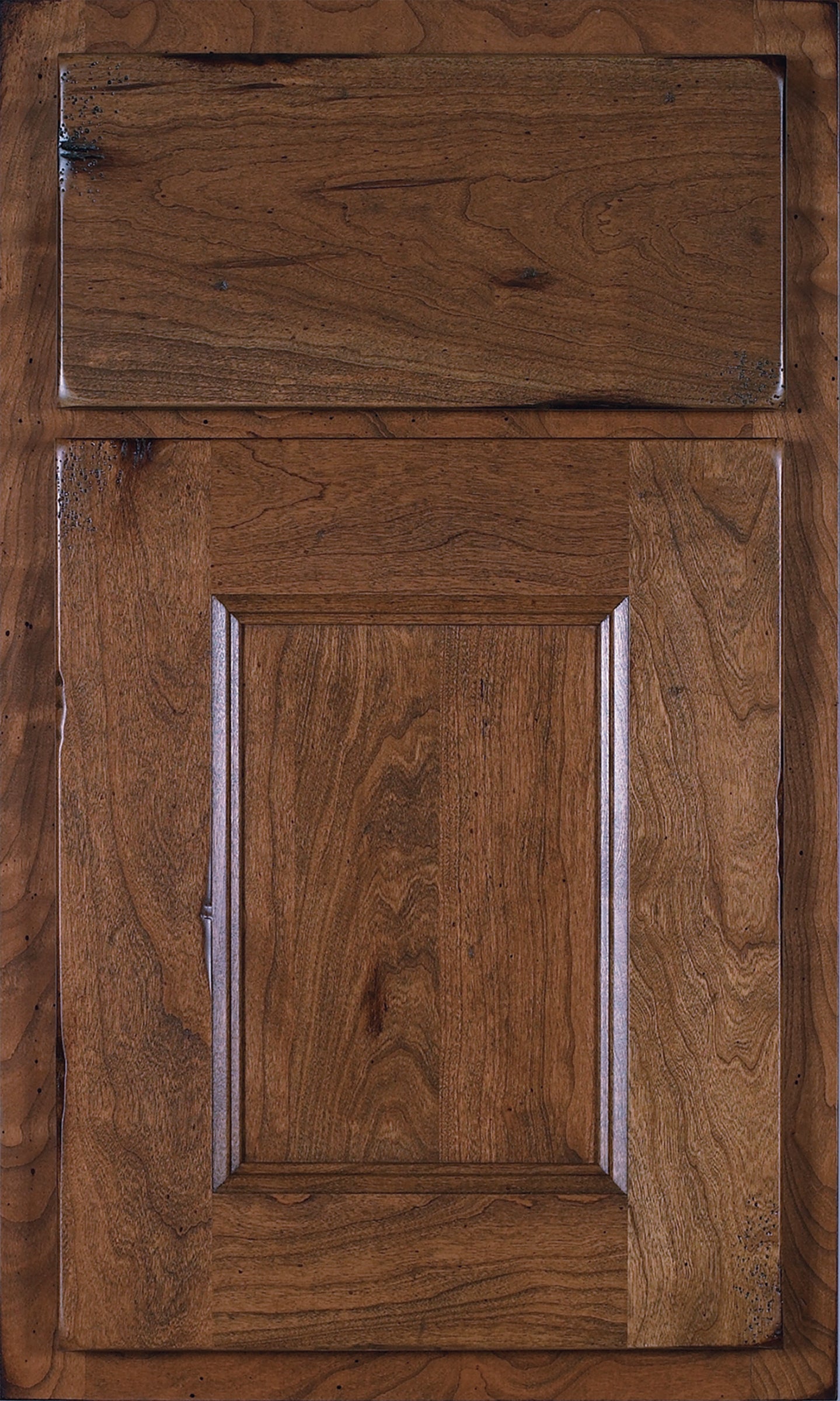 Customizable Shiloh cabinet door in rich wood finish, showcasing unique grain patterns and quality craftsmanship.