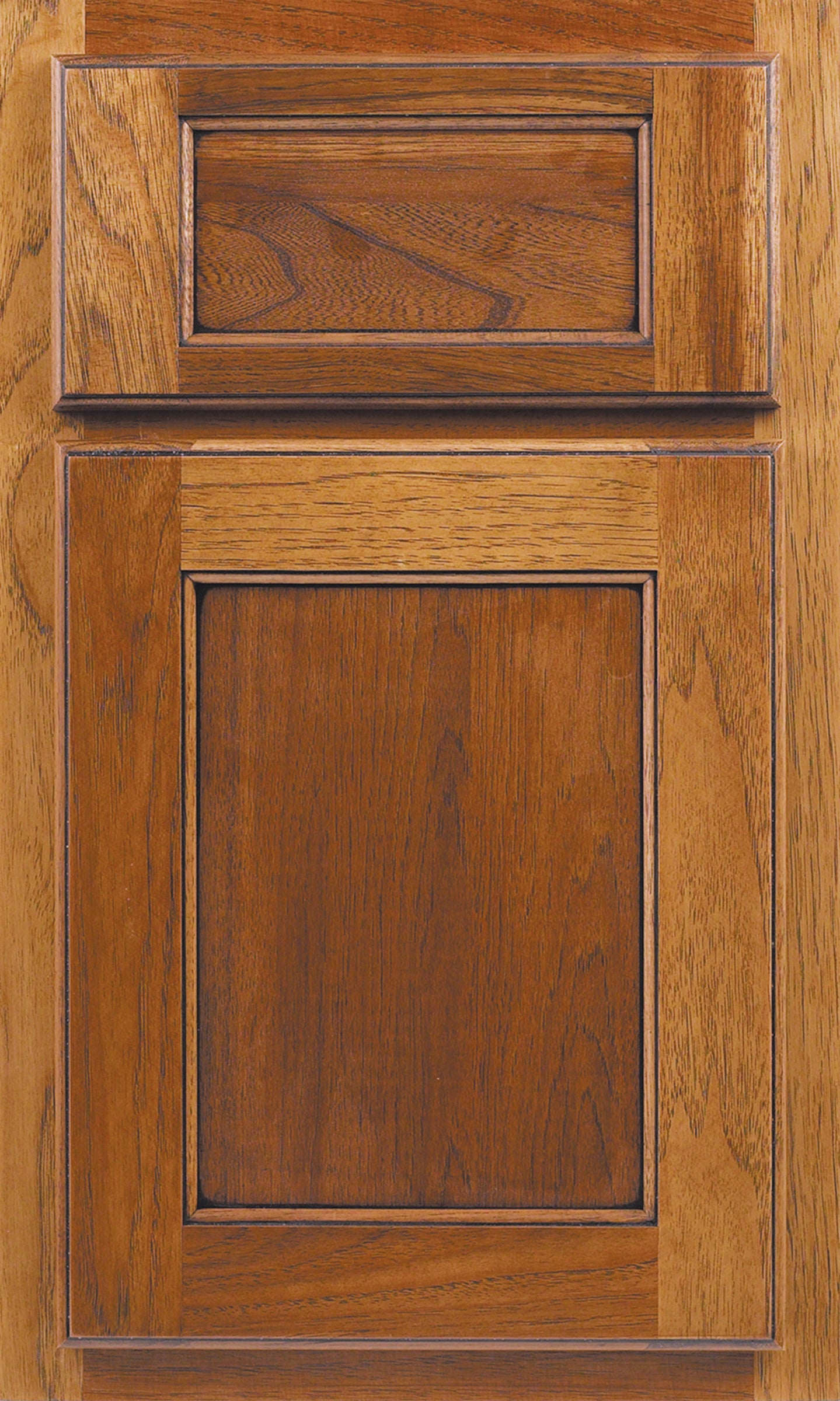 Square flat cabinet door design in rich wood finish, customizable for modern kitchens with Shiloh cabinets.