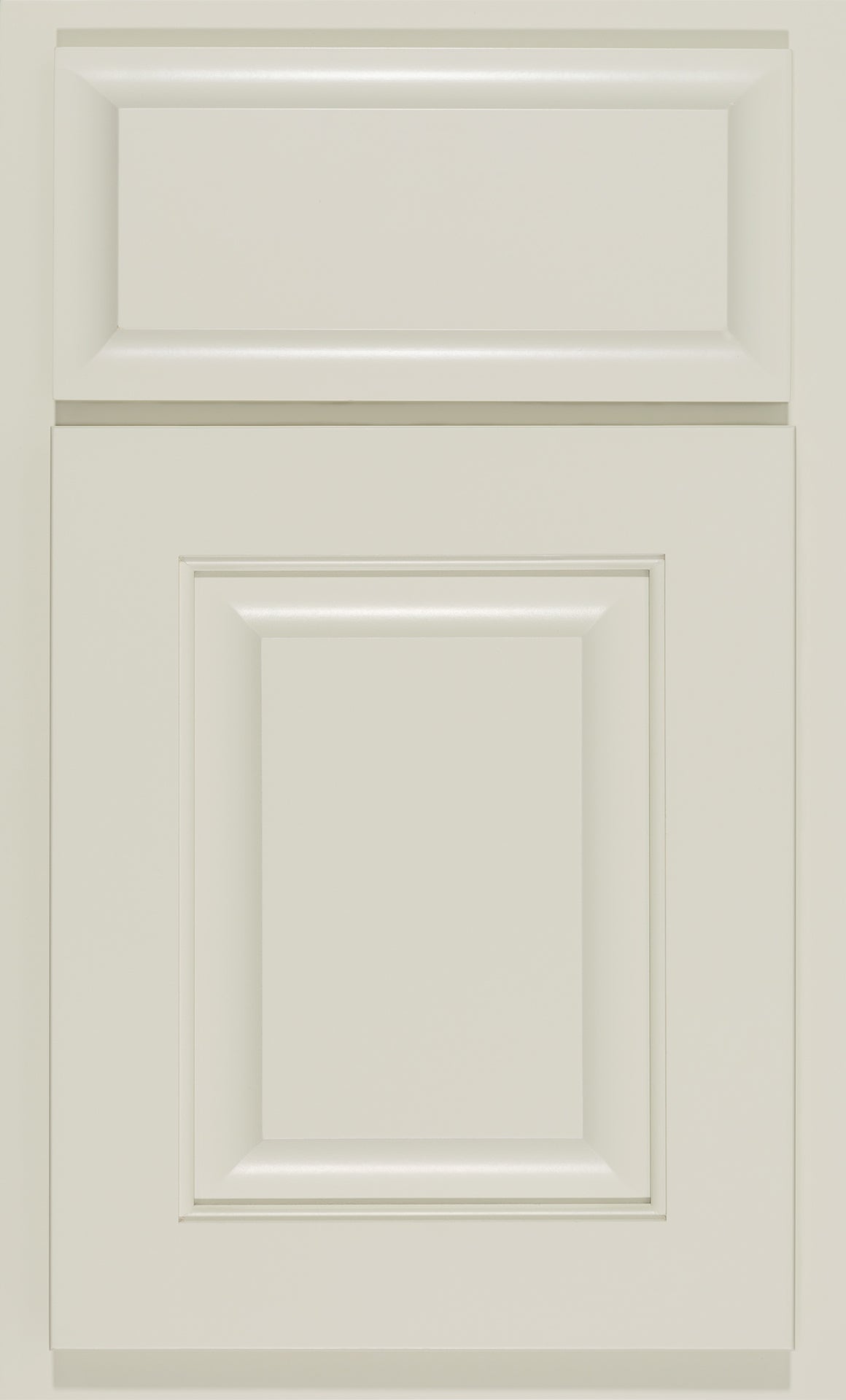 Square raised cabinet door in a soft white finish, customizable for kitchen designs by Shiloh.