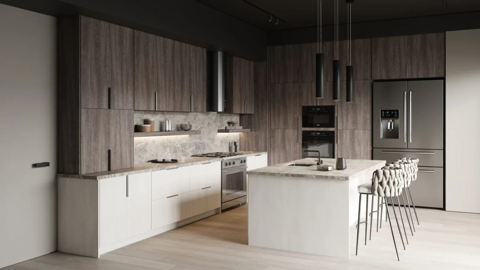 Modern kitchen featuring Illume Tuscany Muratti 4 cabinets in muted white and gray with sleek design.