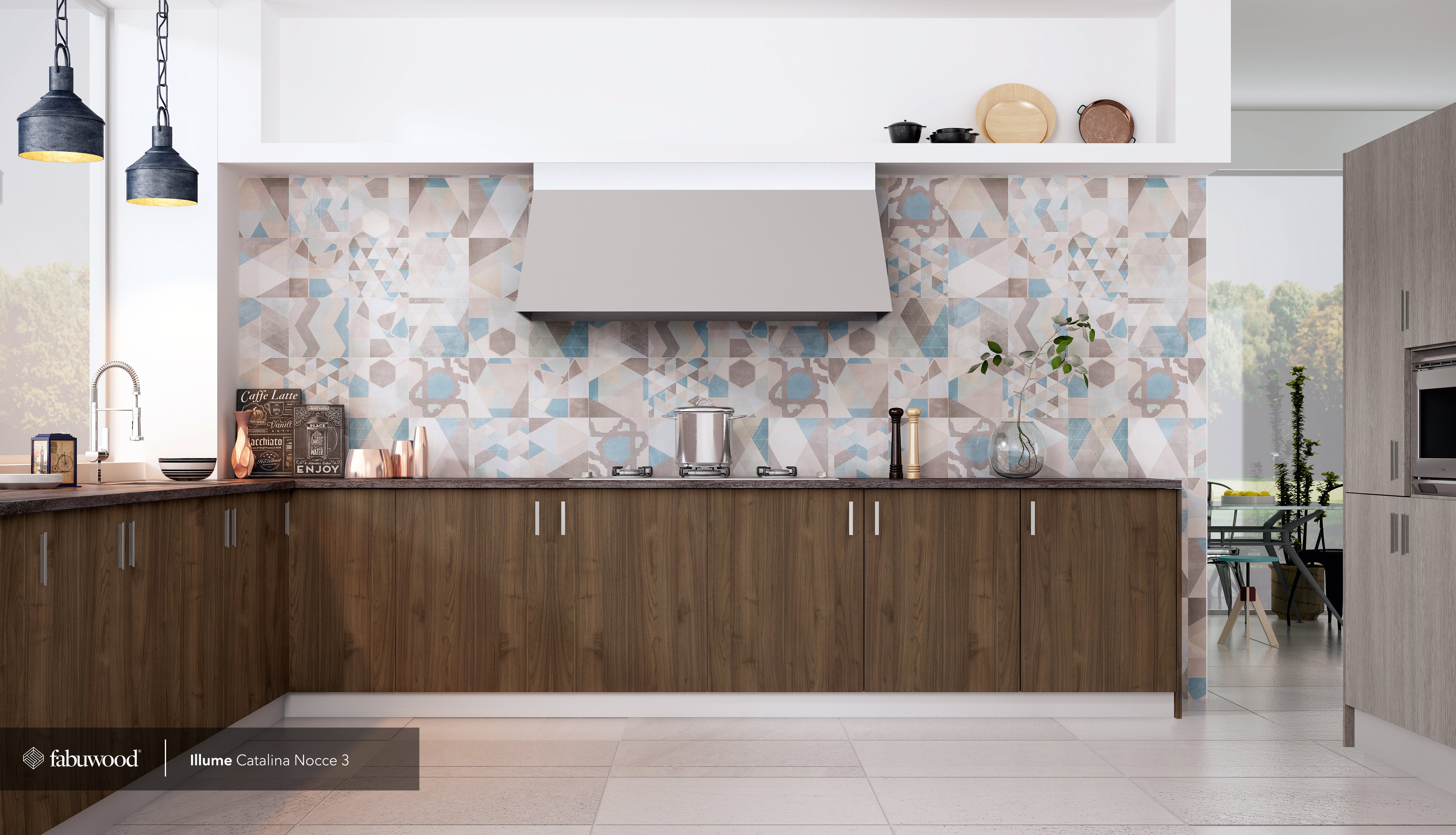 A modern kitchen featuring Illume Catalina Nocce 3 cabinets with slab-style doors and a stylish backsplash.