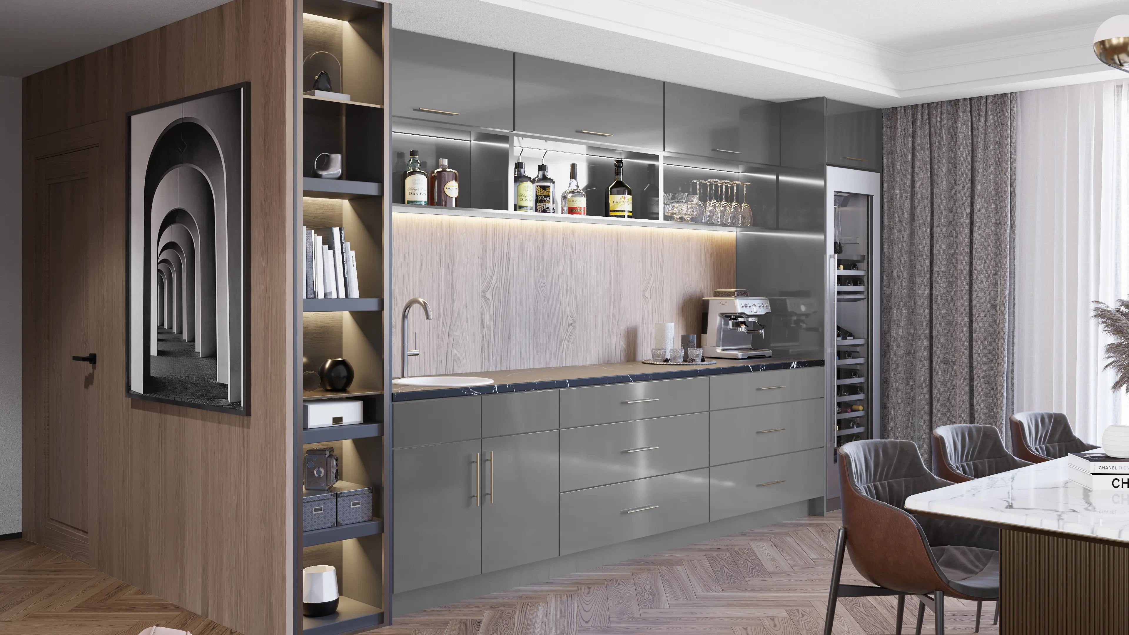 Modern kitchen featuring Illume Catalina Grigio gloss cabinets with sleek design and sophisticated grey finish.