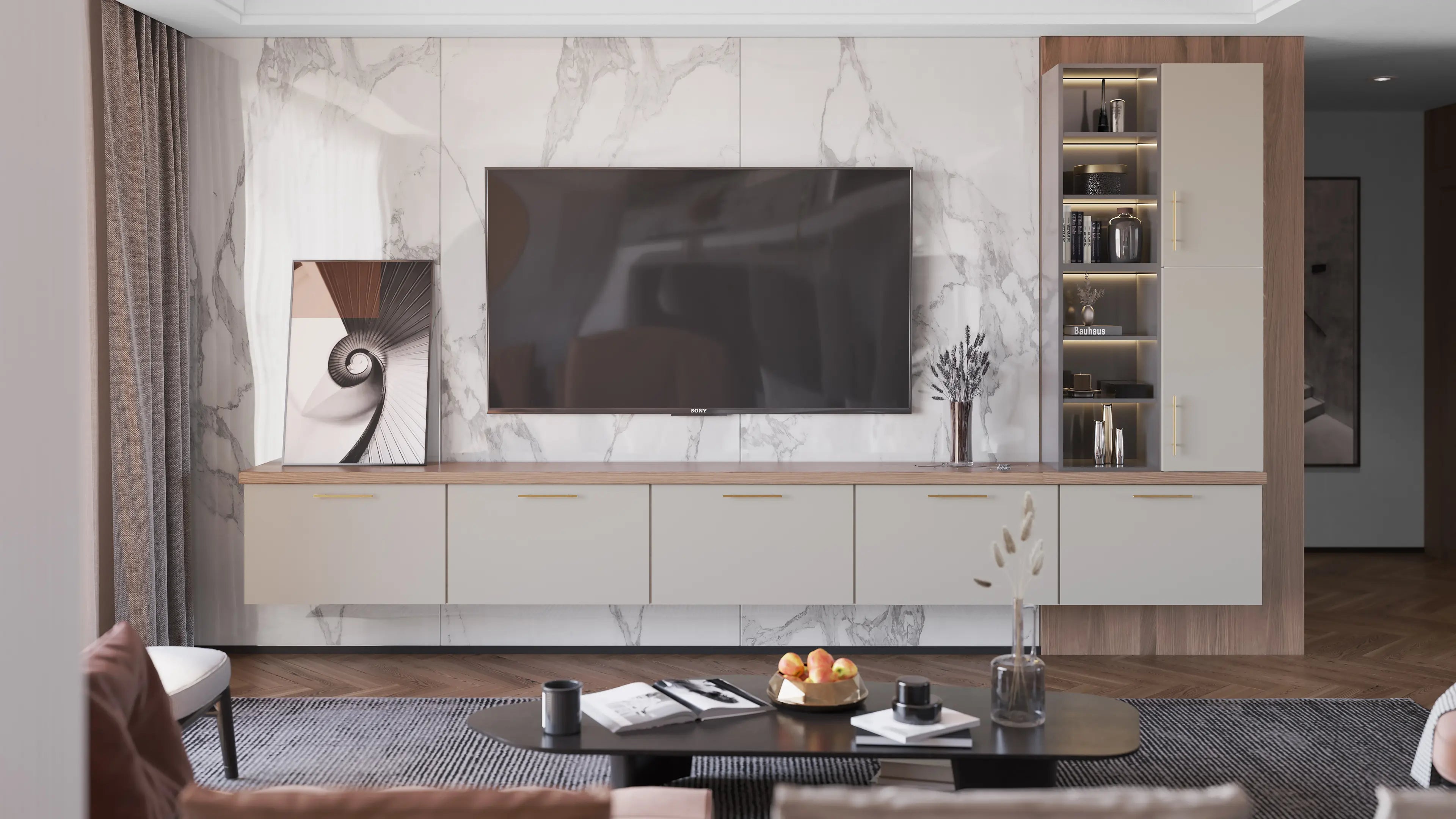 Modern living room featuring a marble wall, sleek TV unit, and minimalist decor with elegant furnishings.
