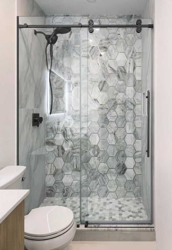 Low Iron & Laminated 60"W x 80" H Frameless Single Sliding (Matte Black)