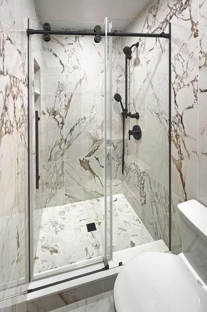 Low Iron & Laminated 60"W x 80" H Frameless Single Sliding (Matte Black)