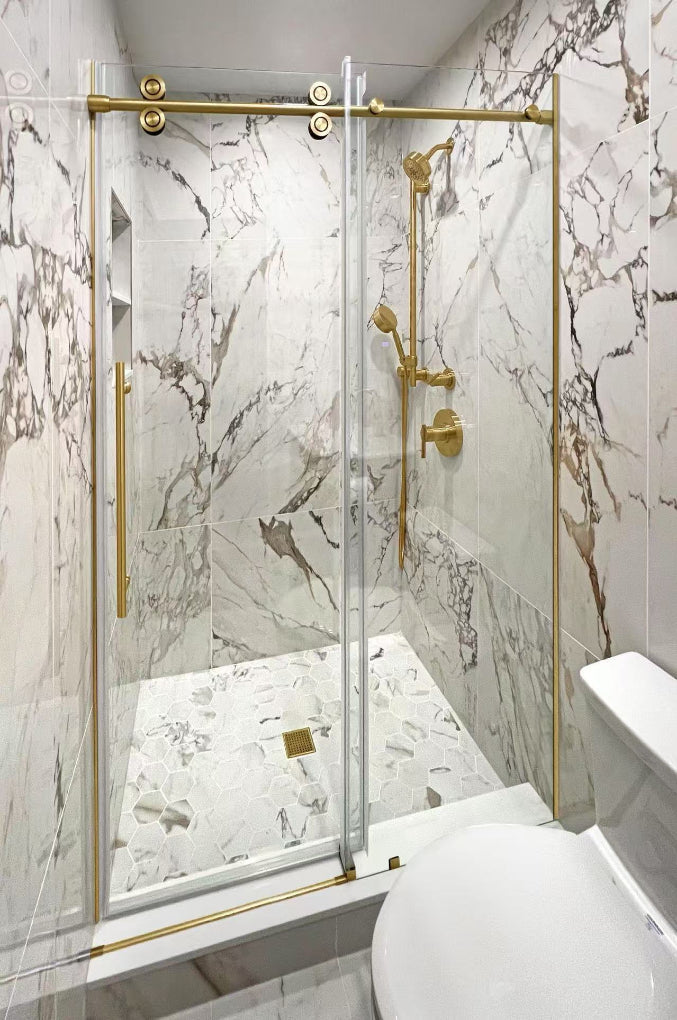 Low Iron & Laminated 60"W x 80" H Frameless Single Sliding (Brushed Gold)