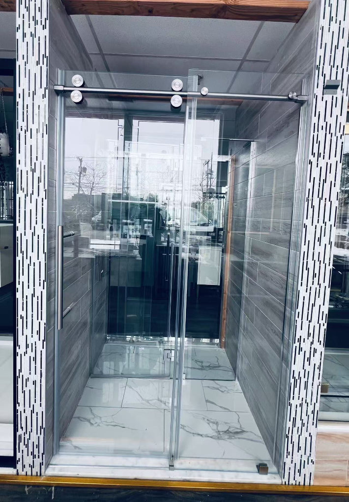 Low Iron & Laminated 60"W x 80" H Frameless Single Sliding (Brushed Gold)