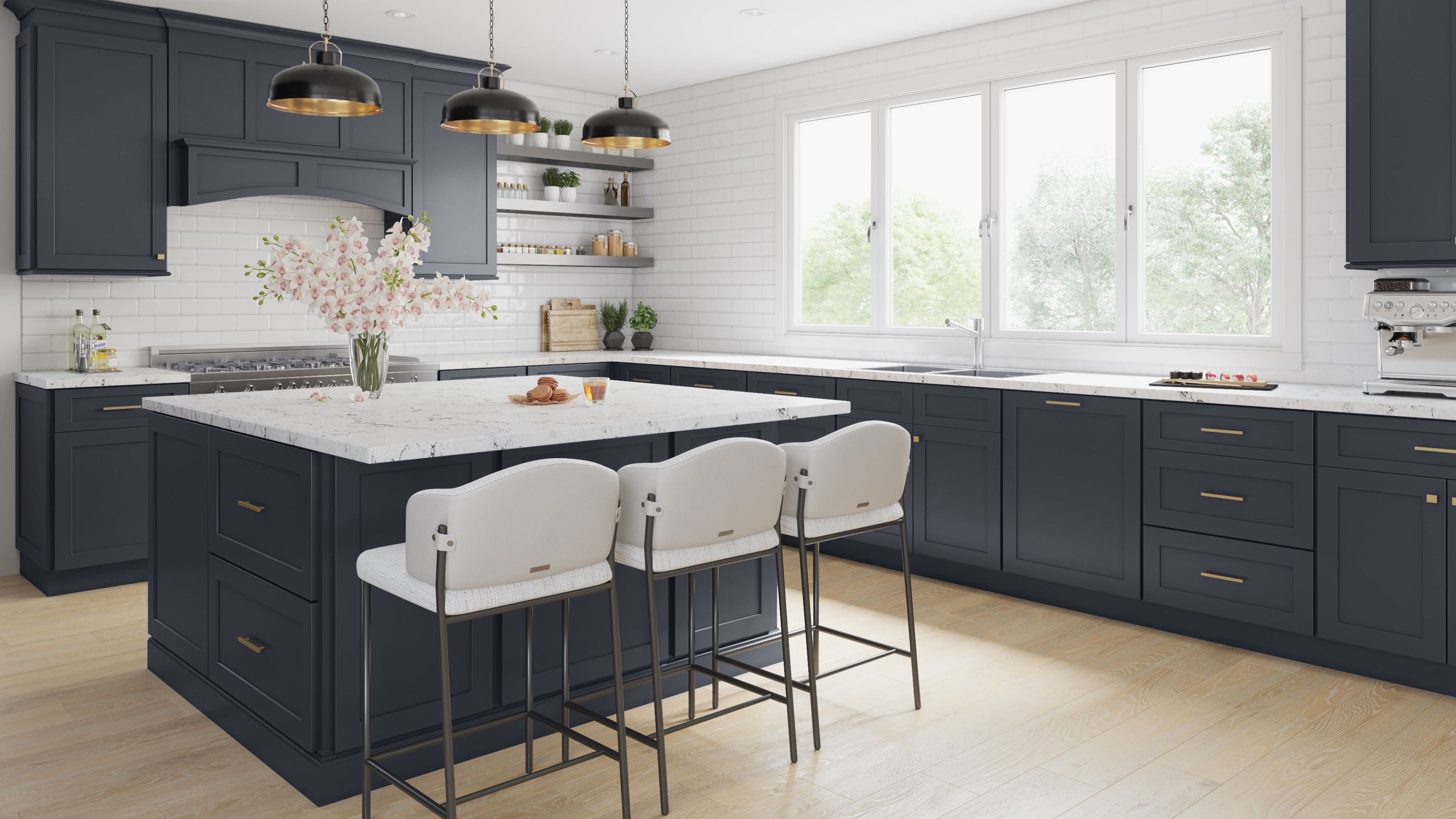 Contemporary kitchen featuring Allure Galaxy Indigo cabinets, white countertops, and stylish bar stools.