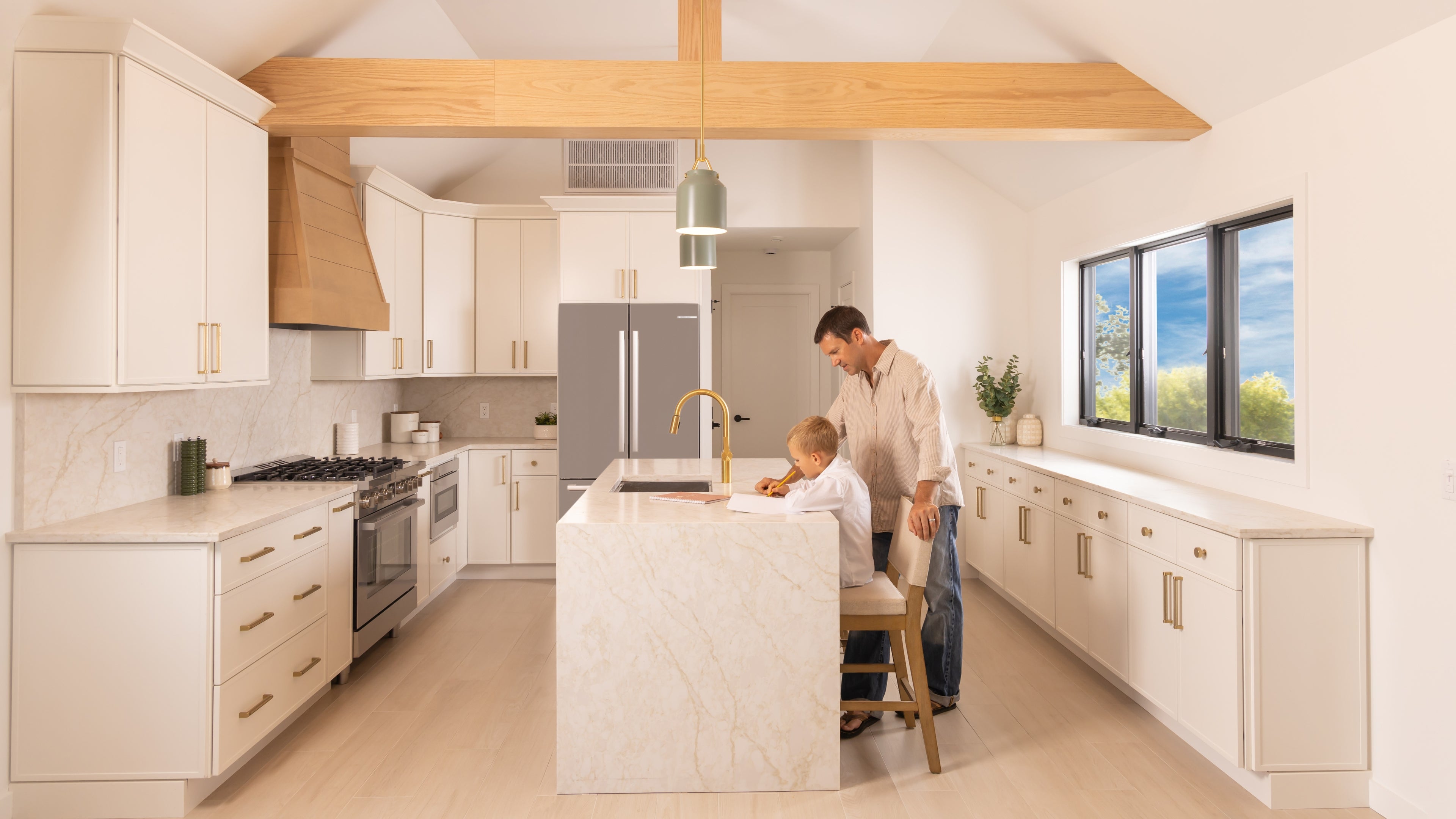 Modern kitchen featuring Allure Luna Dove cabinets, sleek finishes, and a warm wood beam accent.