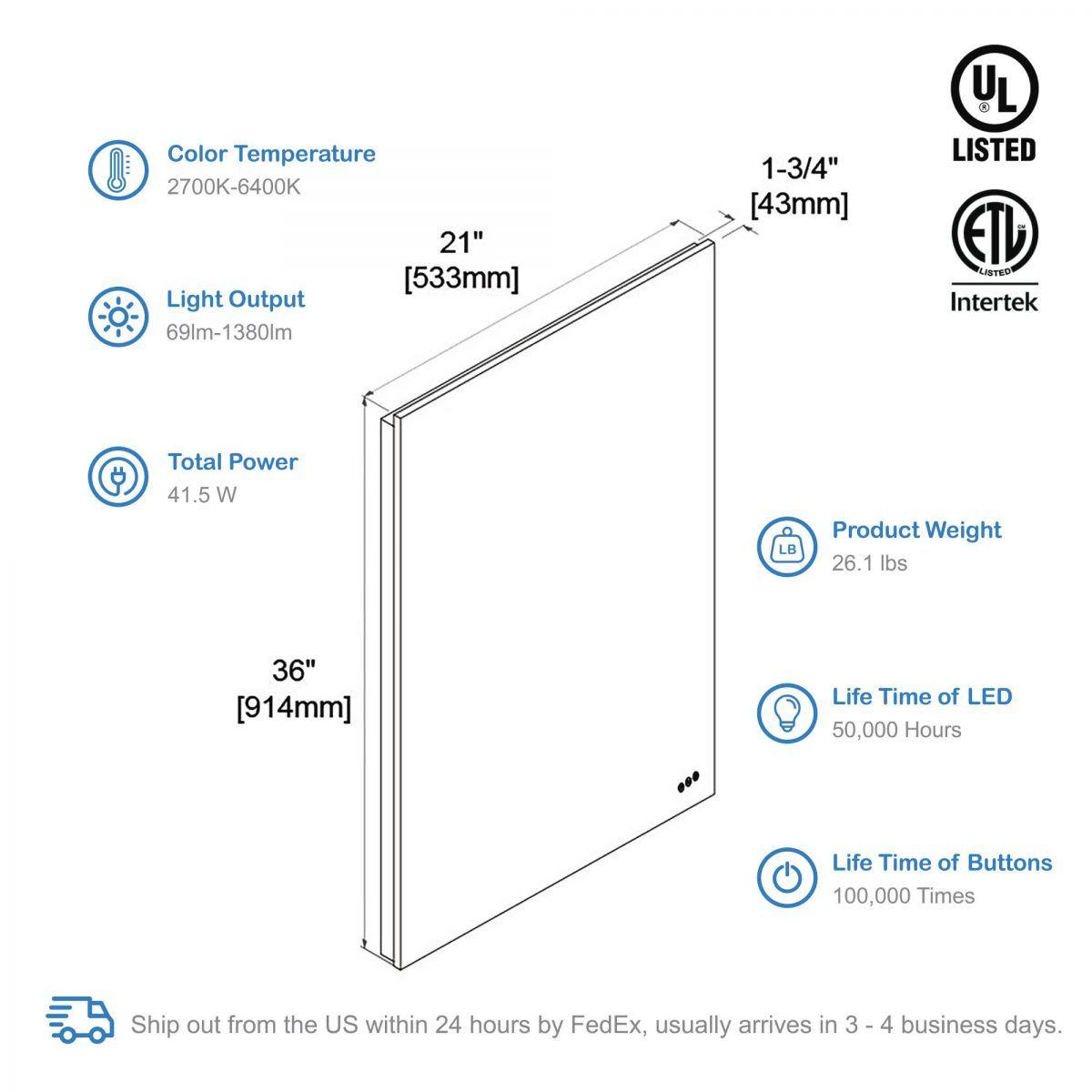 Beta 21″x36″ LED Mirror with Frosted Sides
