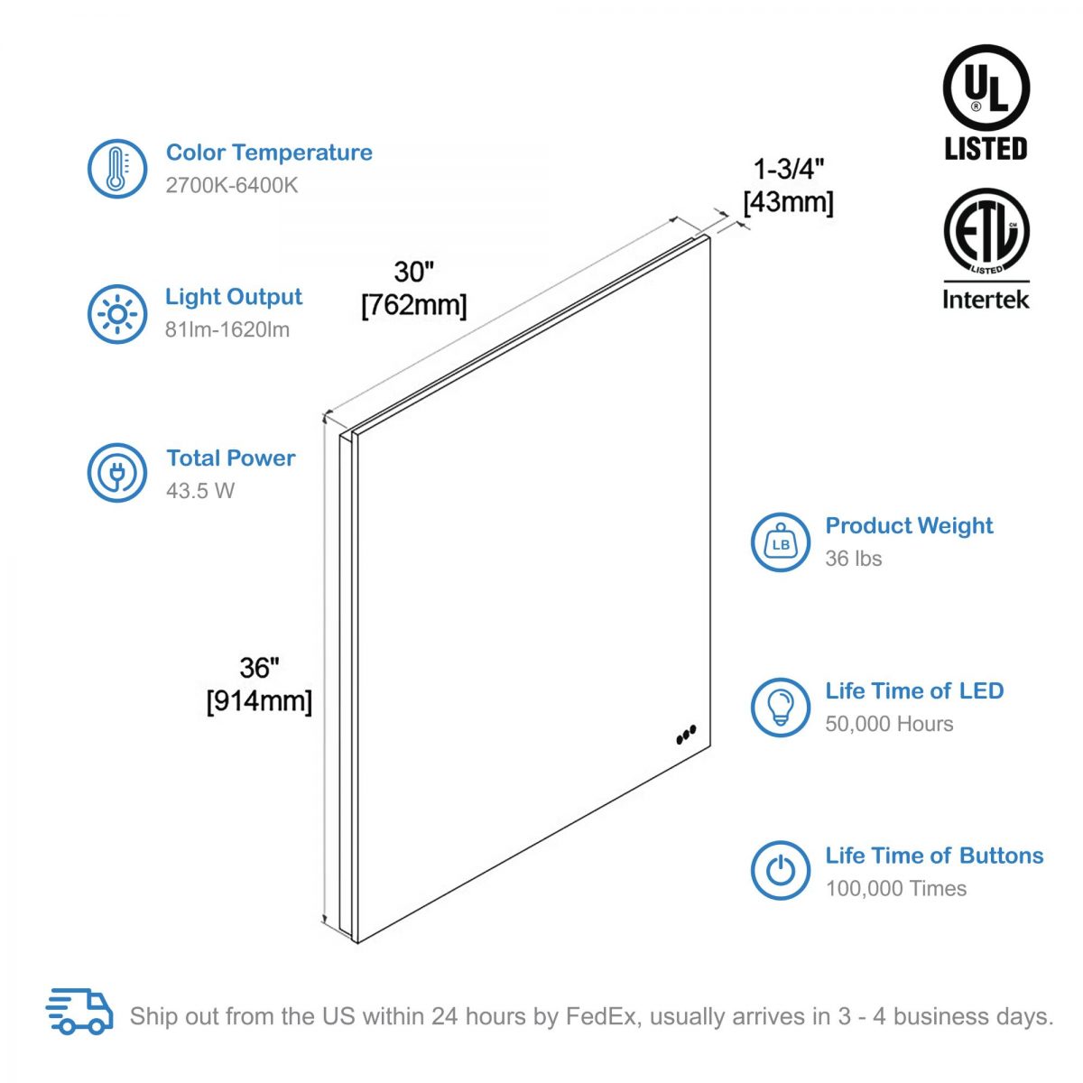 Beta 30″x36″ LED Mirror with Frosted Sides