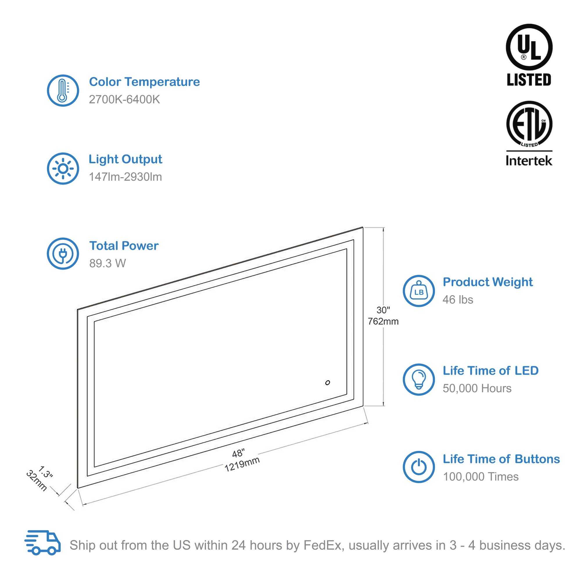 Lyra 48 x 30 Inch LED Mirror