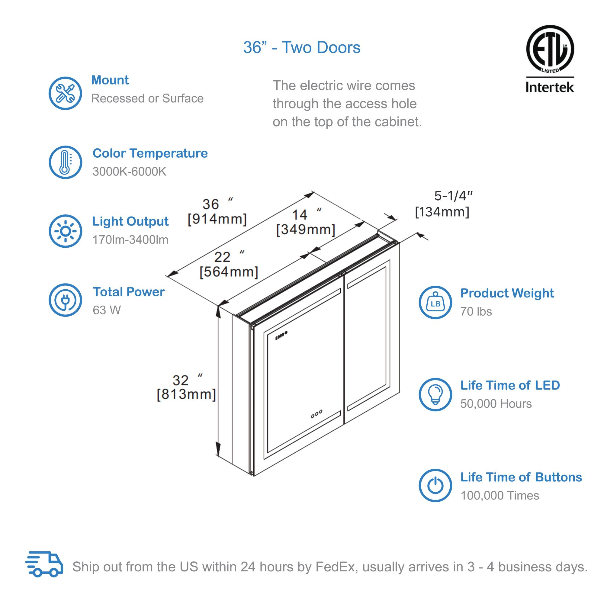 Asta – 36 Inches LED Medicine Cabinet