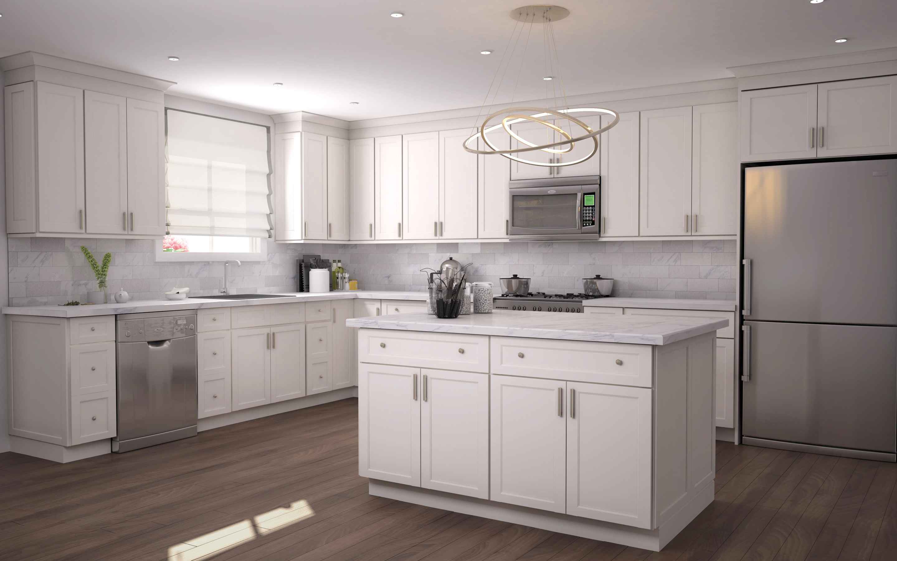 Modern kitchen featuring Basic Oxford Latte cabinets with sleek design and refined inset center panels.