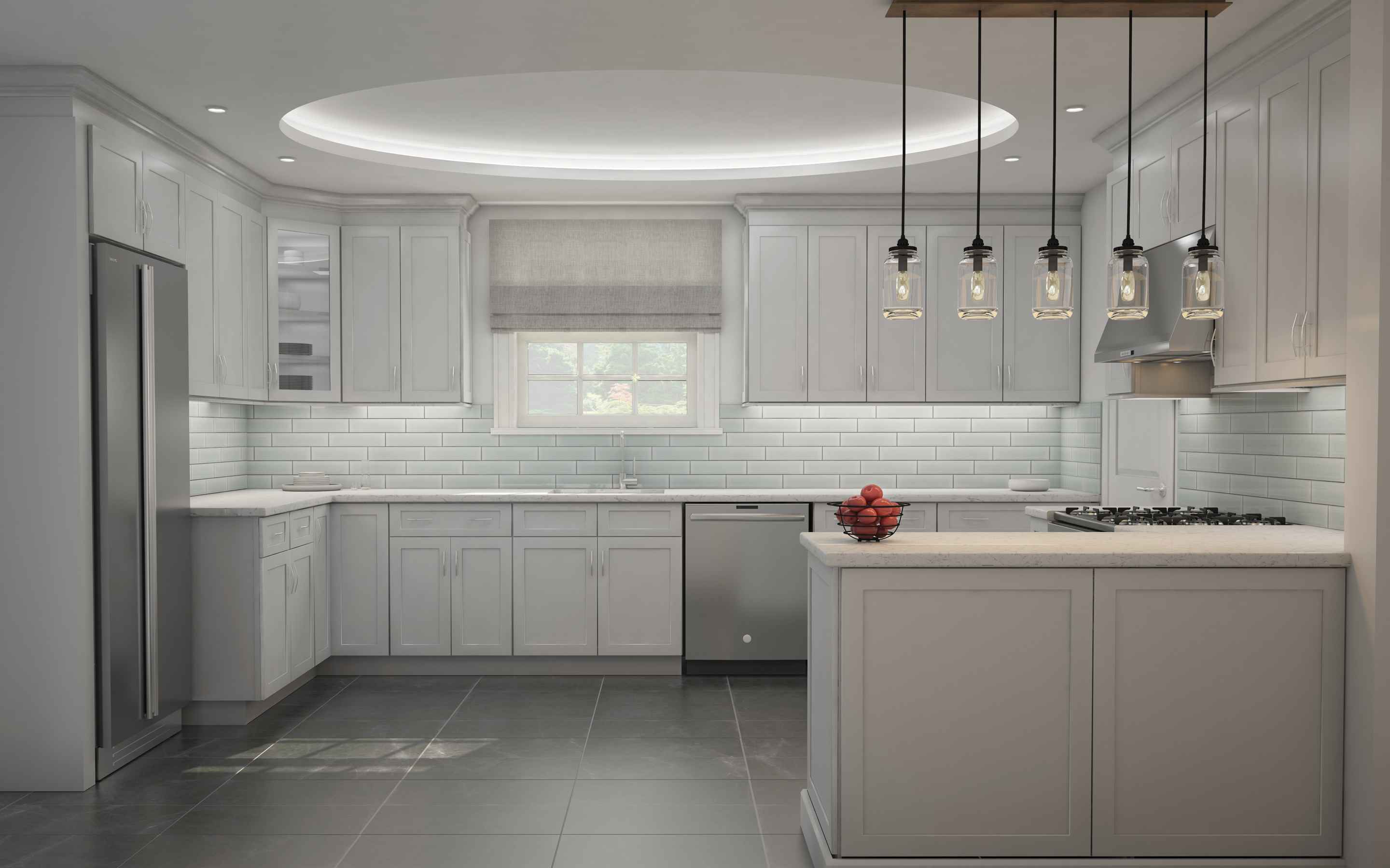 Sleek Basic Oxford pastel kitchen cabinets with inset center panels, stylish lighting, and modern design aesthetics.