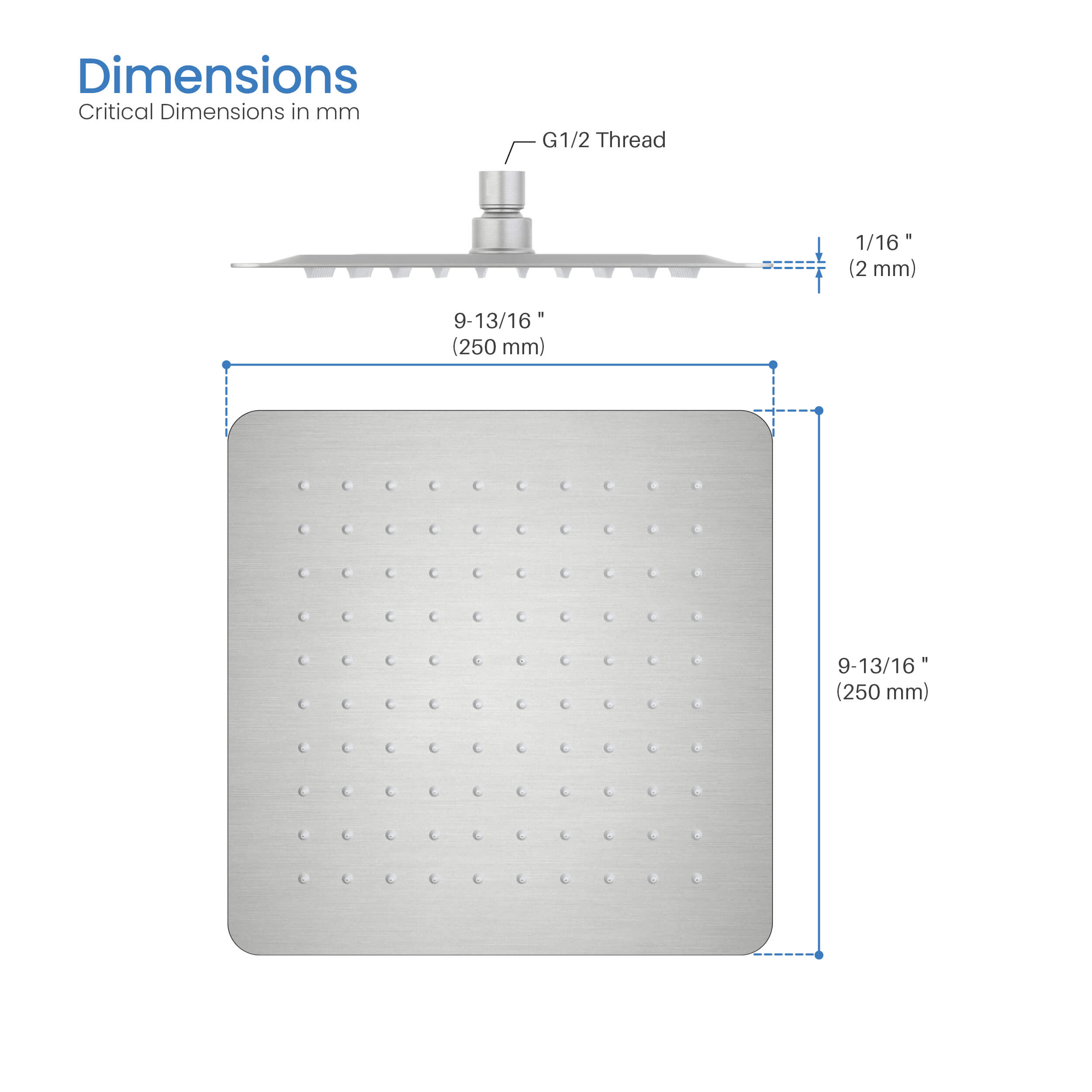Quadra 10" Metal Rain Shower Head 2mm Ultra Thin Profile - RS101