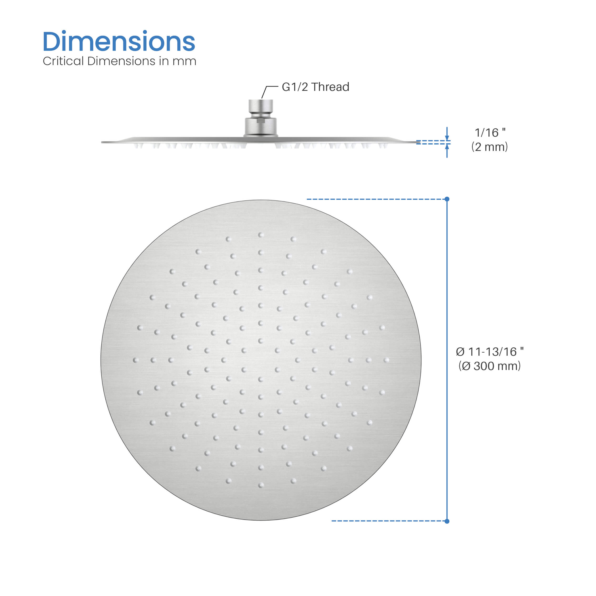 Halo 12" Metal Rain Shower Head 2mm Ultra Thin Profile - RS102