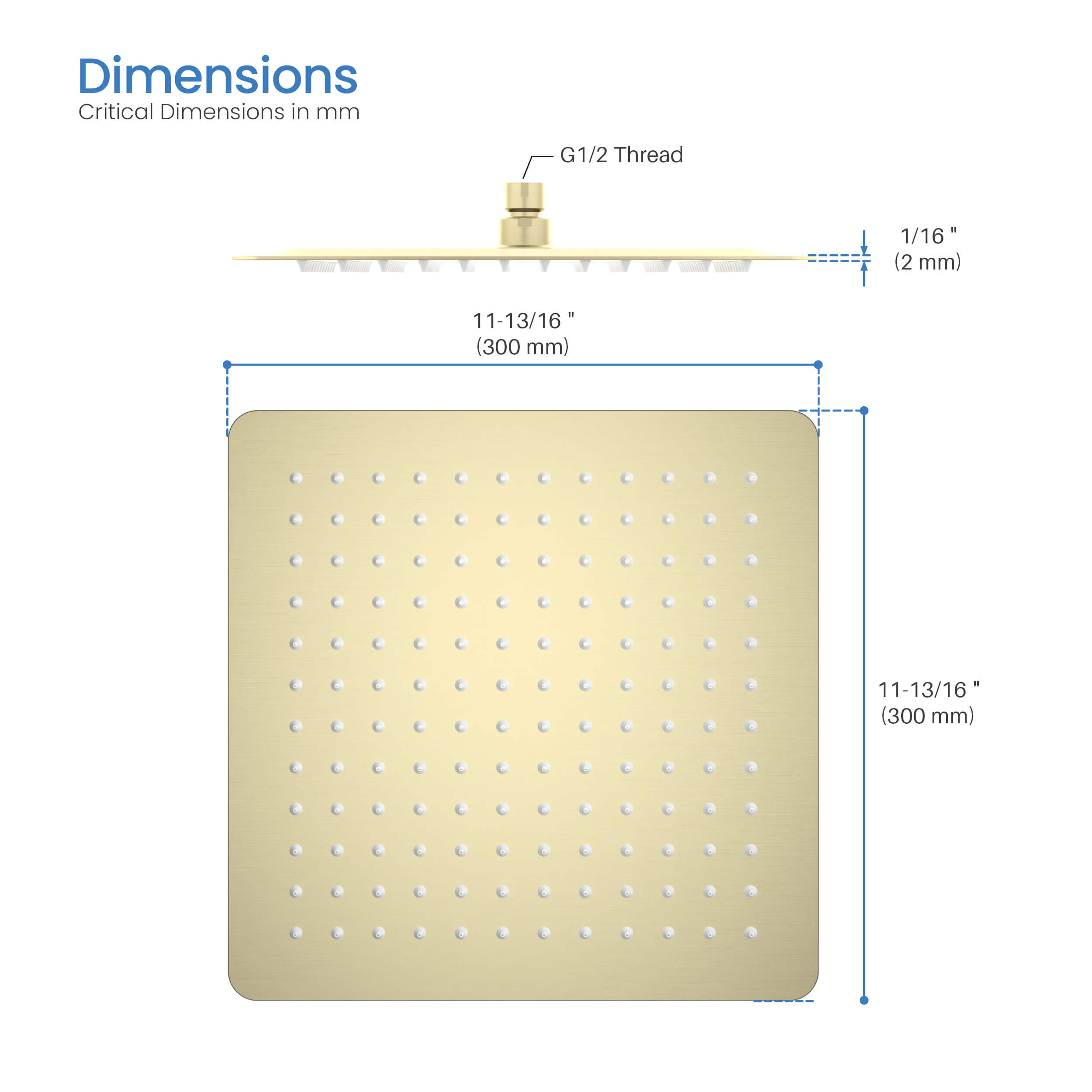 Quadra 12" Metal Rain Shower Head 2mm Ultra Thin Profile - RS103