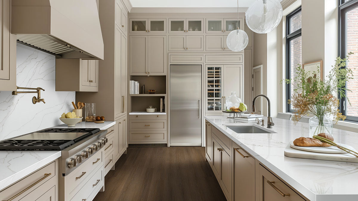 Modern kitchen with light cabinetry, marble countertops, stainless steel appliances, and natural light.