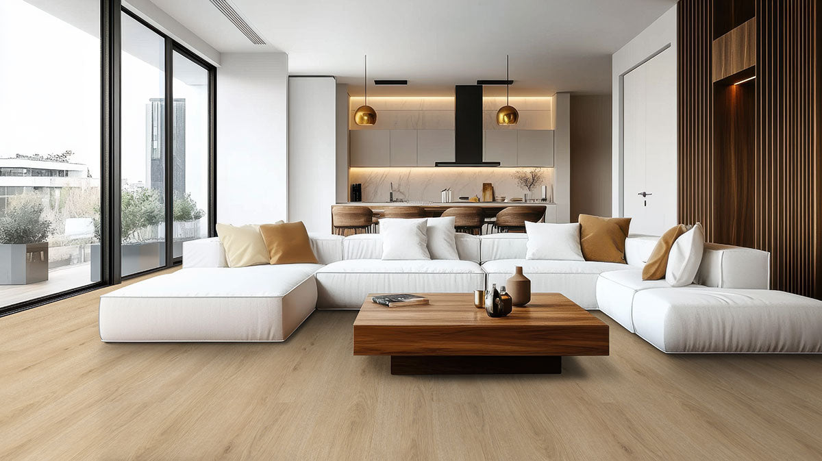 Modern living room with Studio Bozeman luxury vinyl tile flooring, low gloss finish, and stylish furniture.