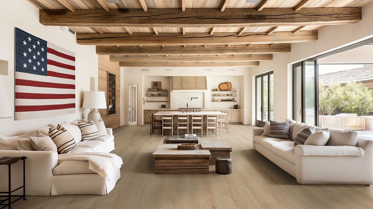 Spacious living room featuring Everlife Studio vinyl tile, with natural wood beams and American flag decor.