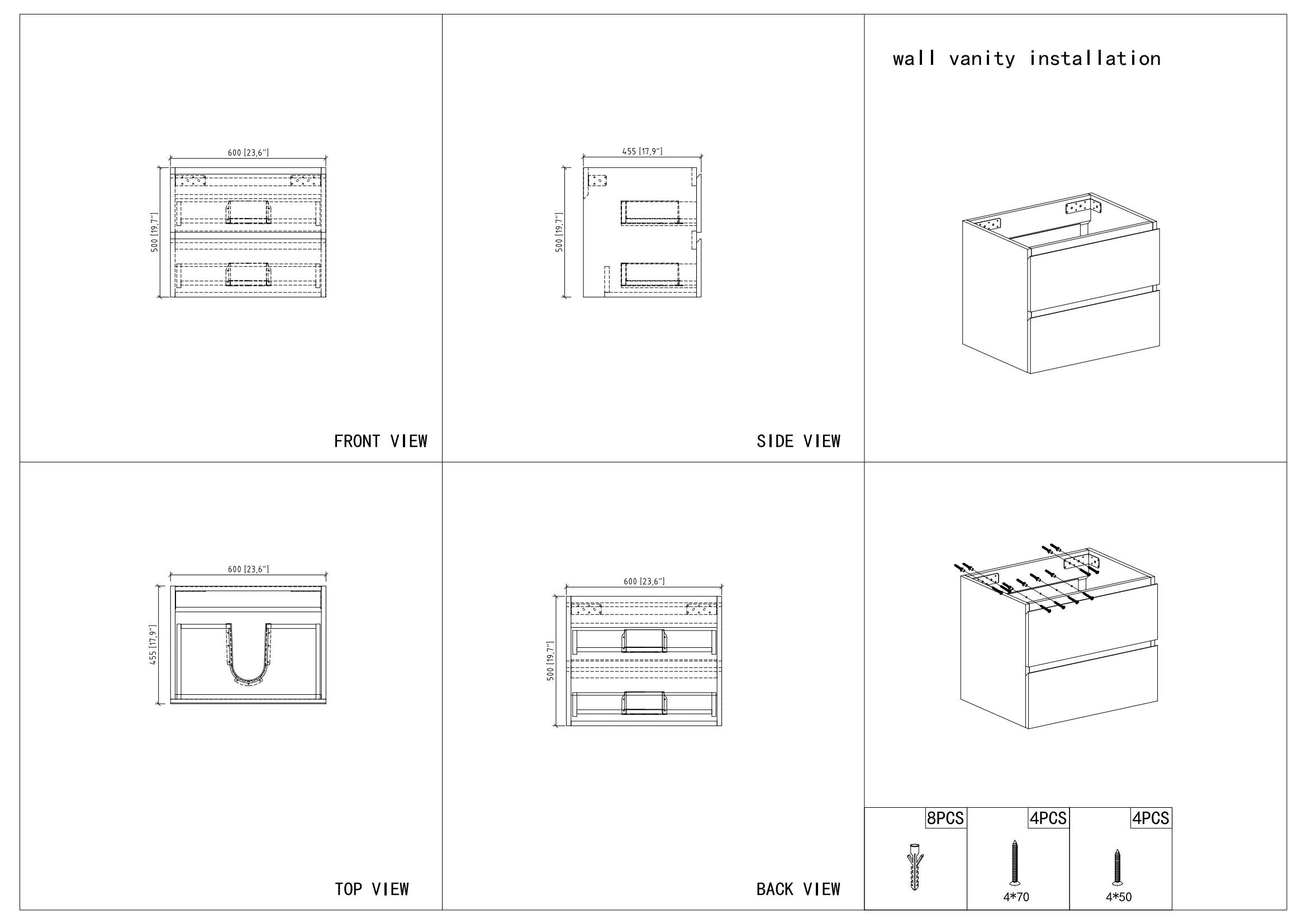 24" V9005 Angela Wall Hung Vanity & Ceramic Sink (Glossy White)