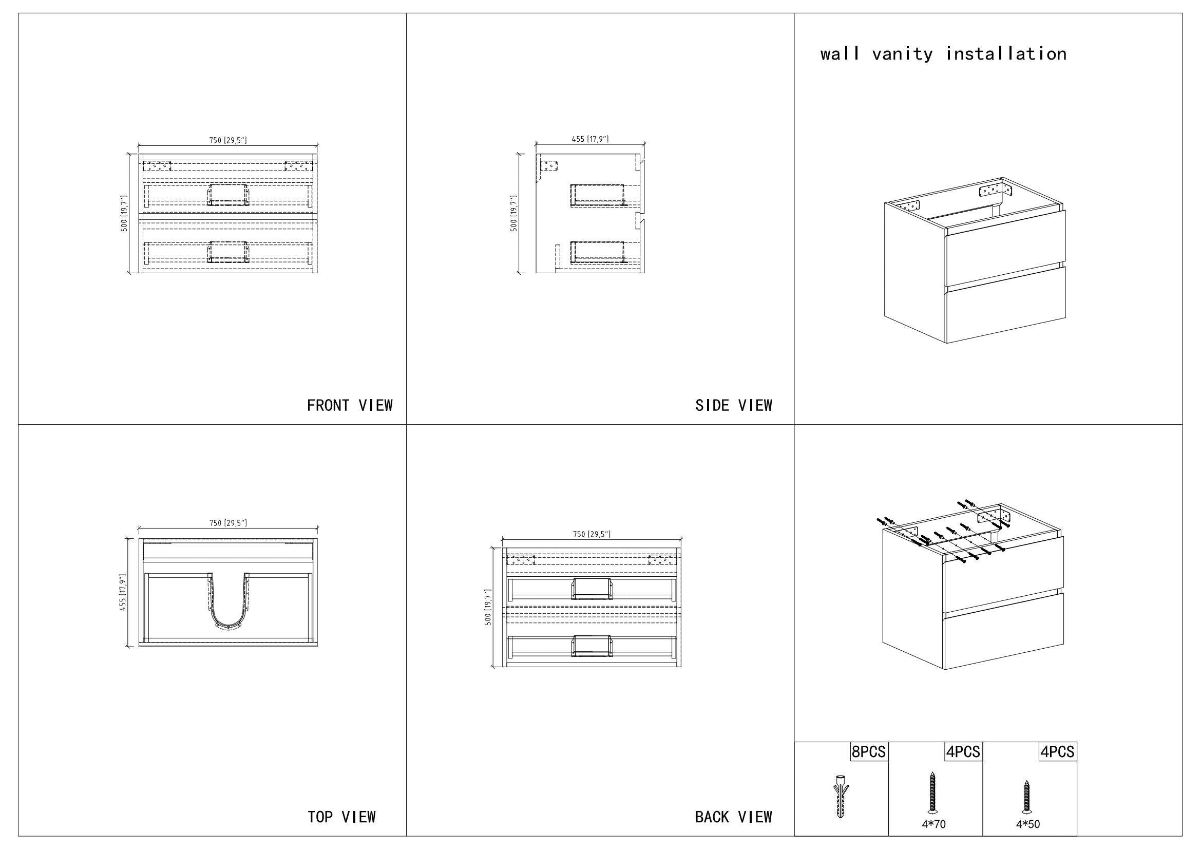 30" V9005 Angela Wall Hung Vanity & Ceramic Sink (Glossy White)