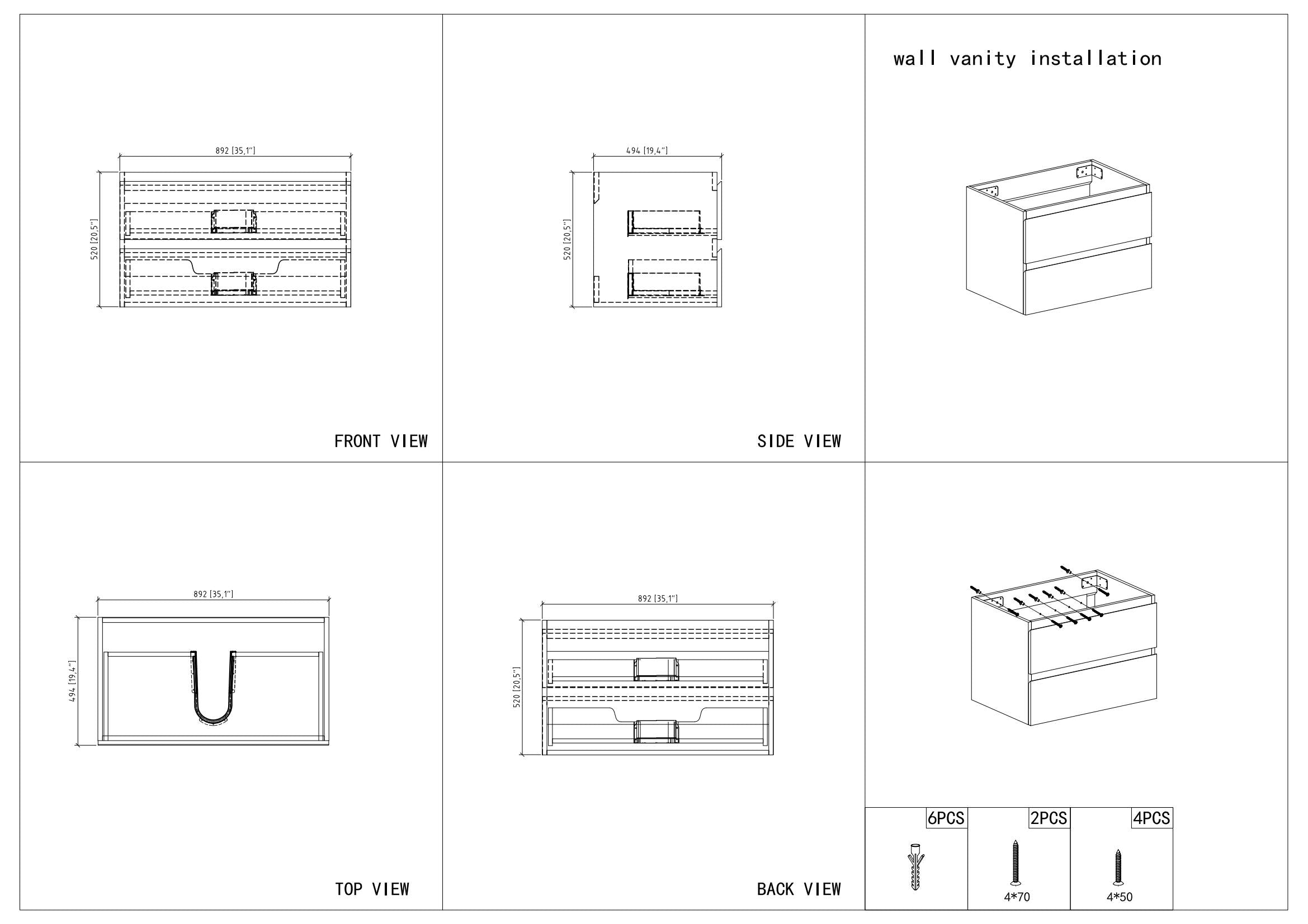 36" V9005 Angela Wall Hung Vanity & Acrylic Basin (Glossy White)