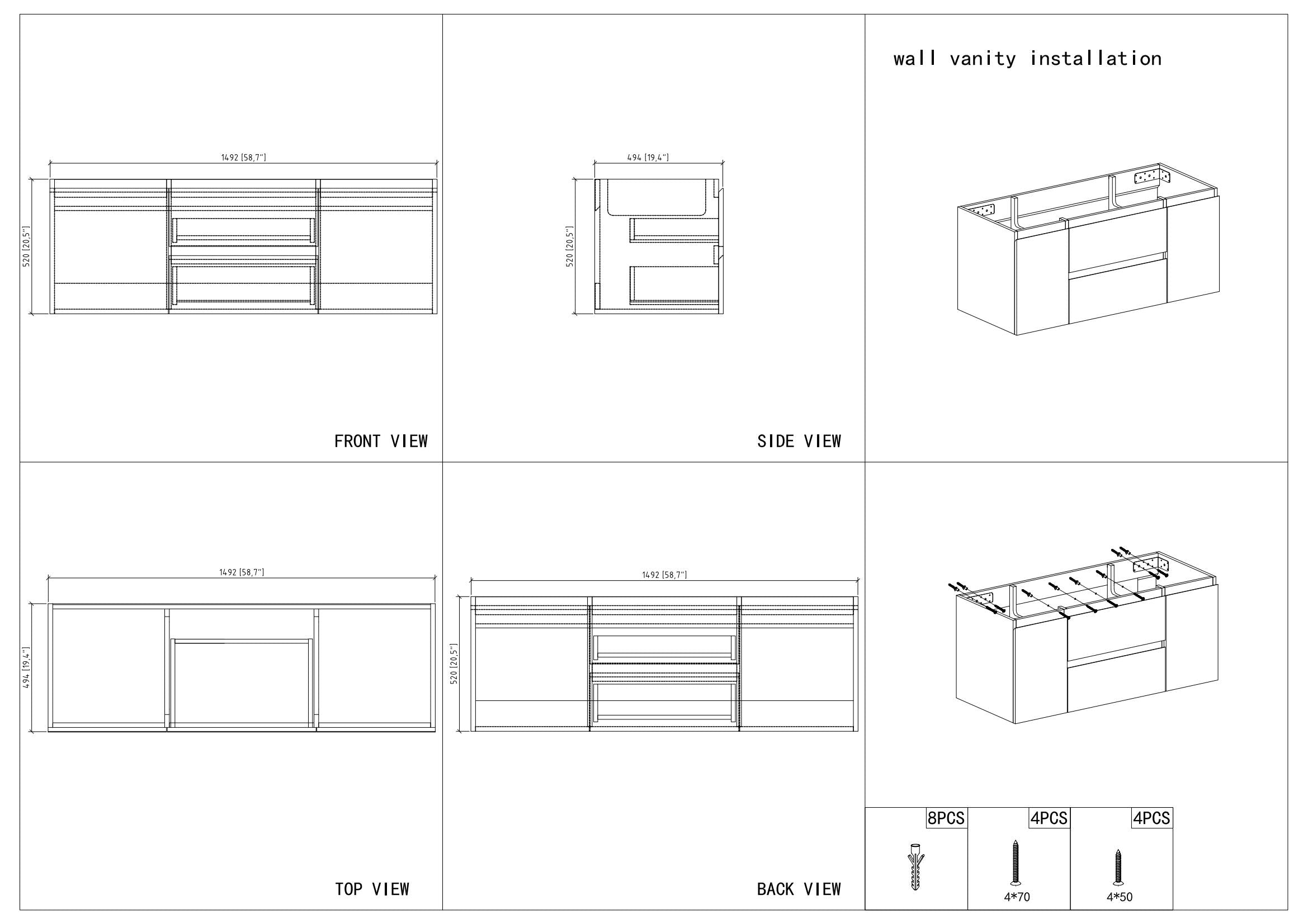 60" V9005 Angela Wall Hung Vanity & Acrylic Double Basins (Cement Grey)