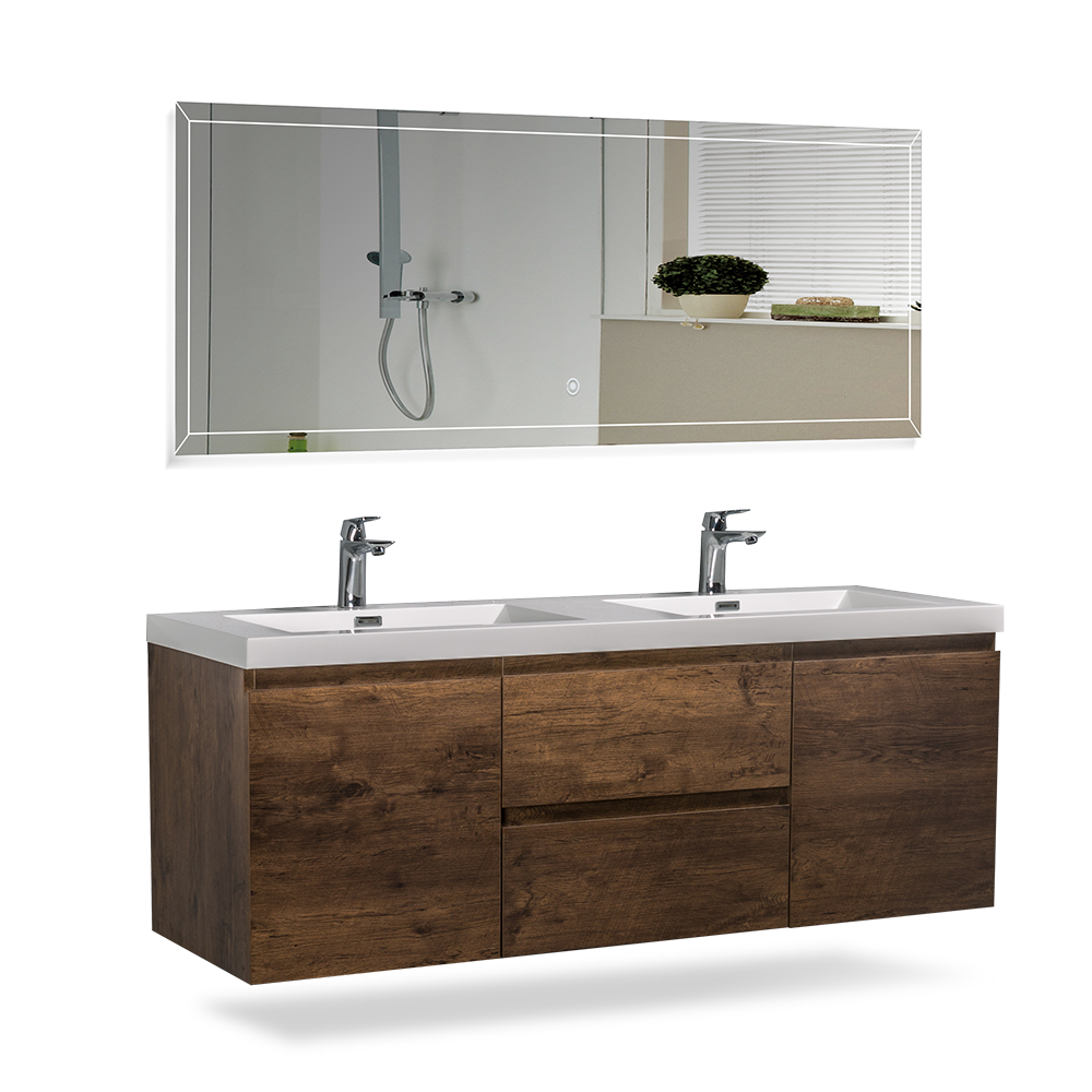 60" V9005 Angela Wall Hung Vanity & Acrylic Double Basins (Rose Wood)