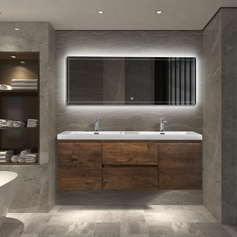 60" V9005 Angela Wall Hung Vanity & Acrylic Double Basins (Rose Wood)